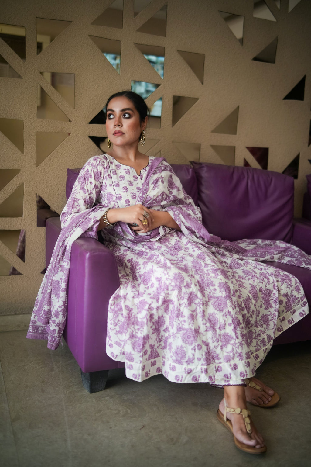 White & Purple Floral Embroidered Anarkali Kurta With Pant & Dupatta