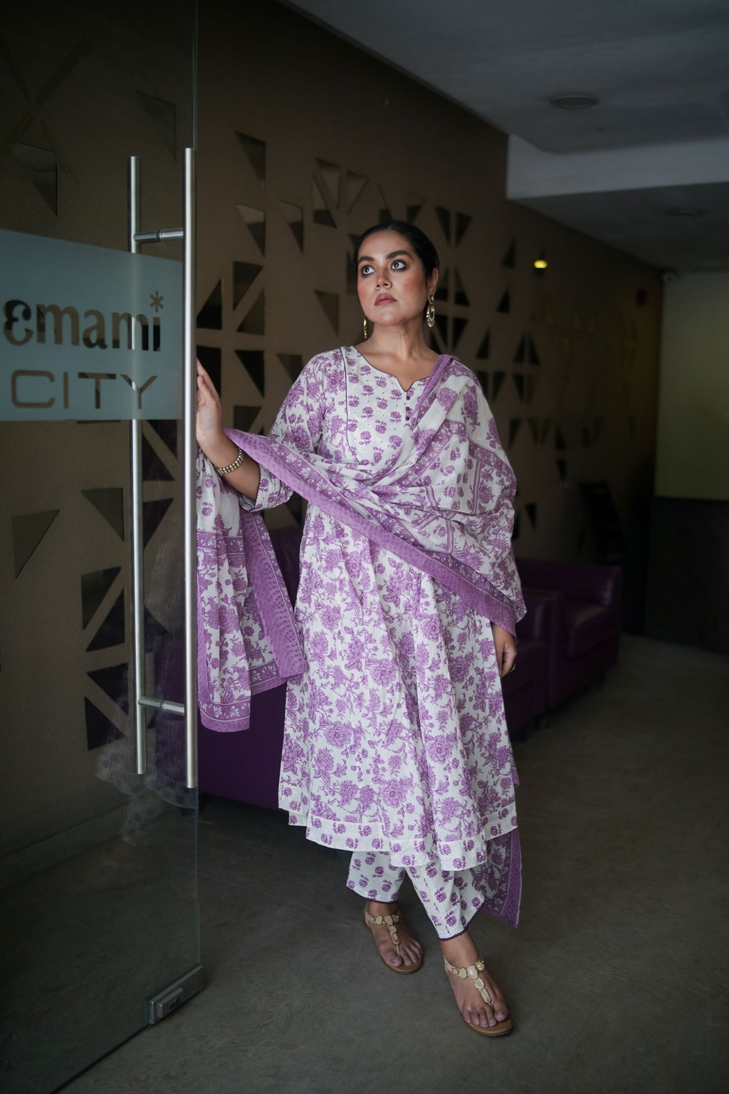 White & Purple Floral Embroidered Anarkali Kurta With Pant & Dupatta