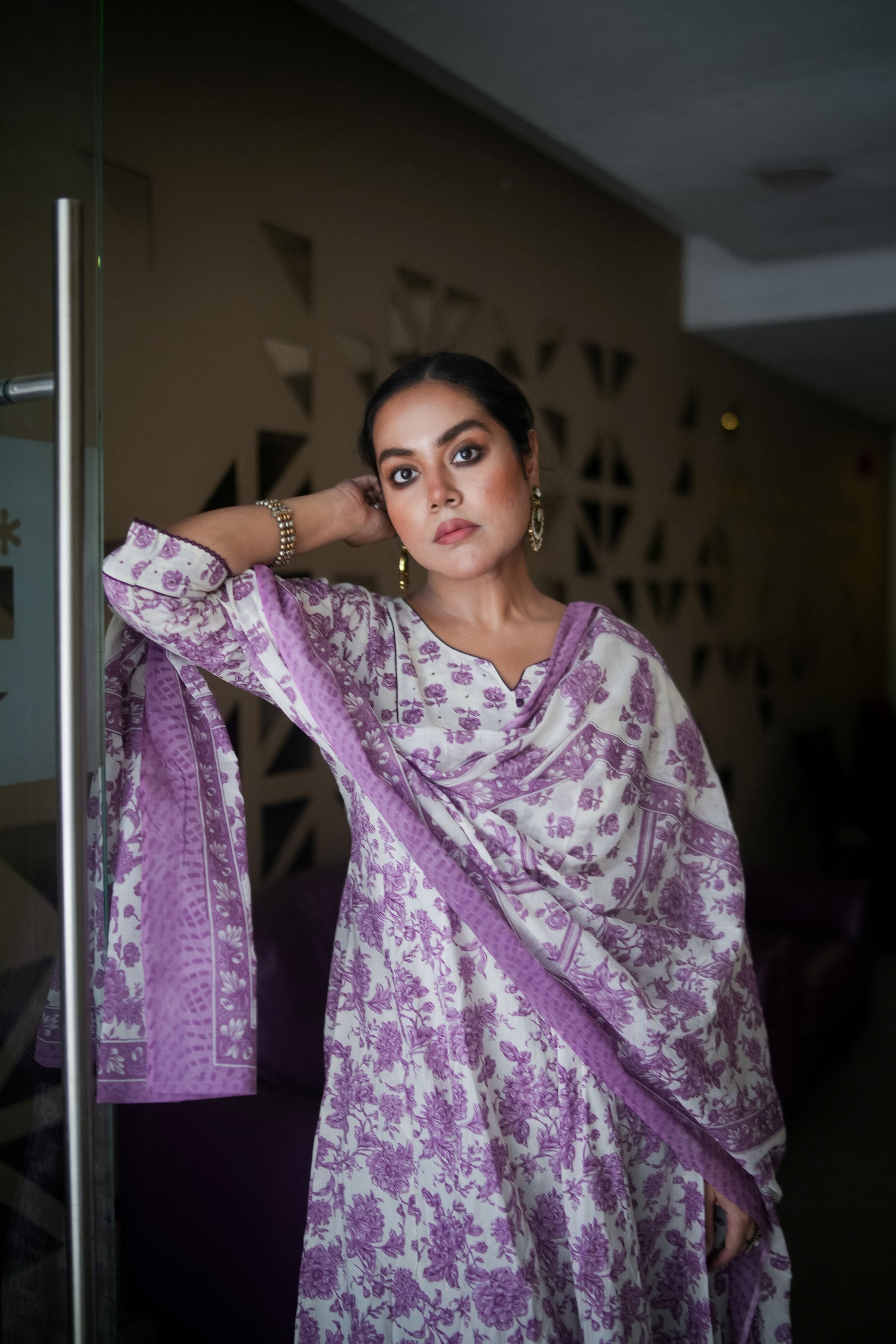 White & Purple Floral Embroidered Anarkali Kurta With Pant & Dupatta