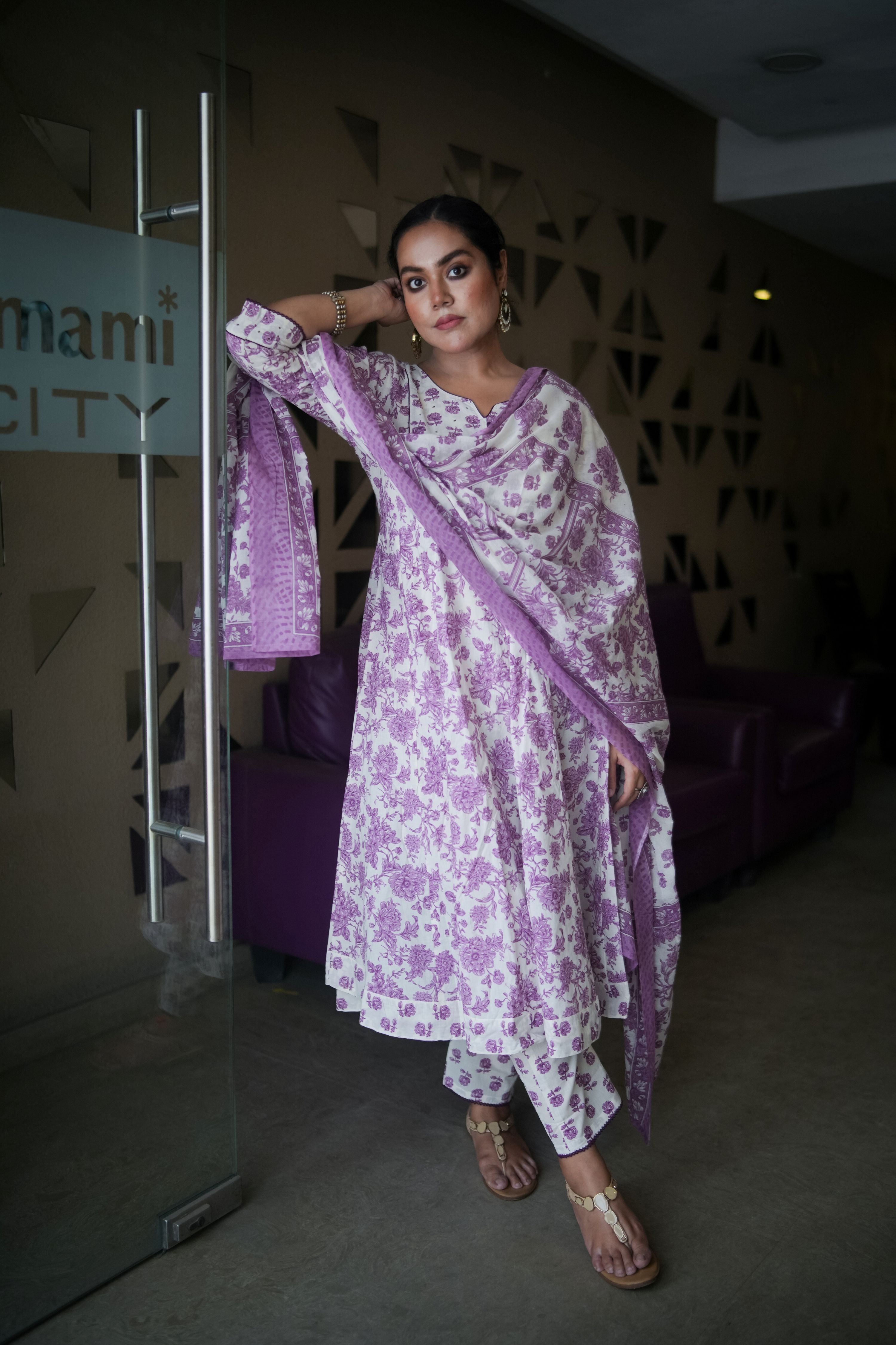 White & Purple Floral Embroidered Anarkali Kurta With Pant & Dupatta
