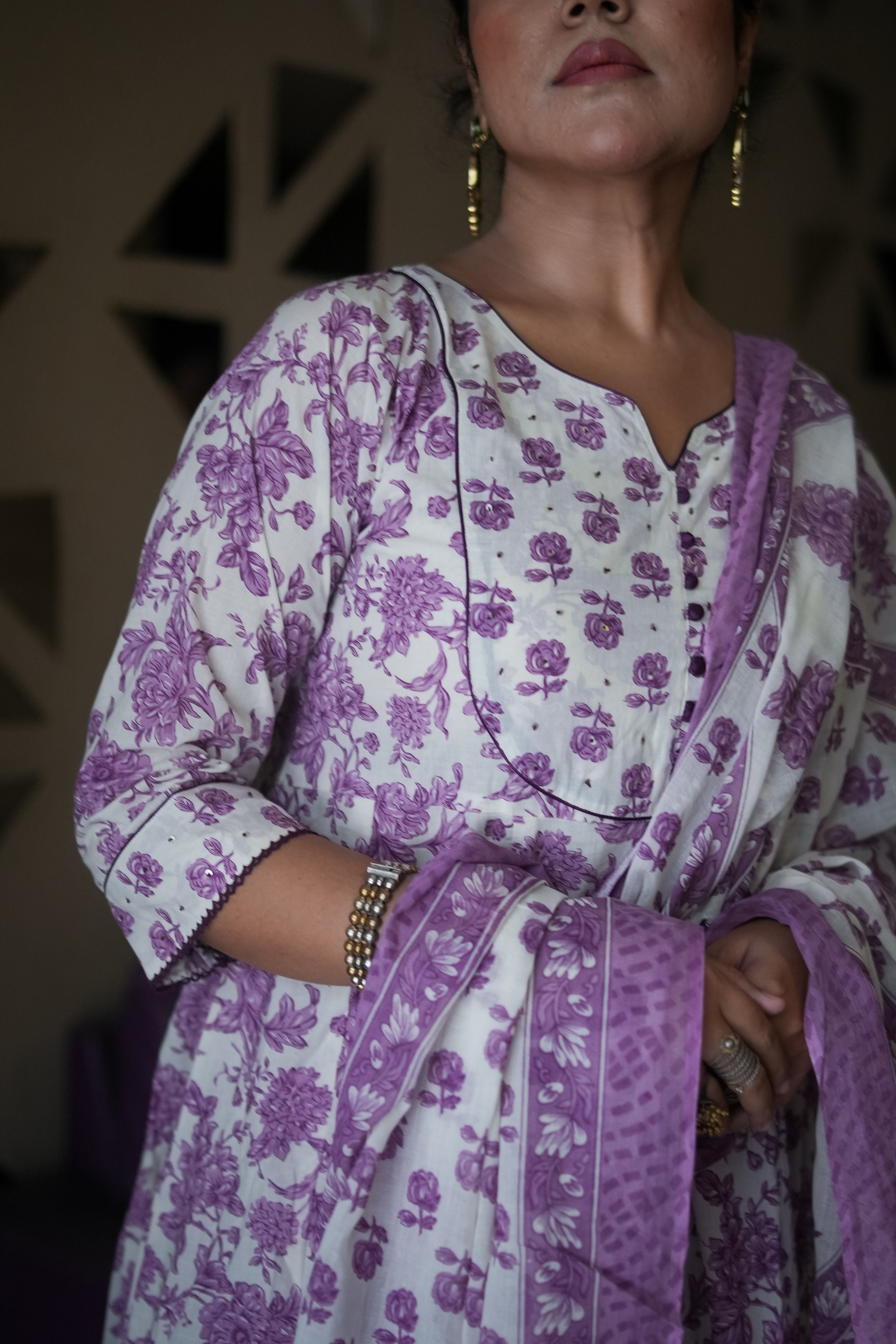 White & Purple Floral Embroidered Anarkali Kurta With Pant & Dupatta