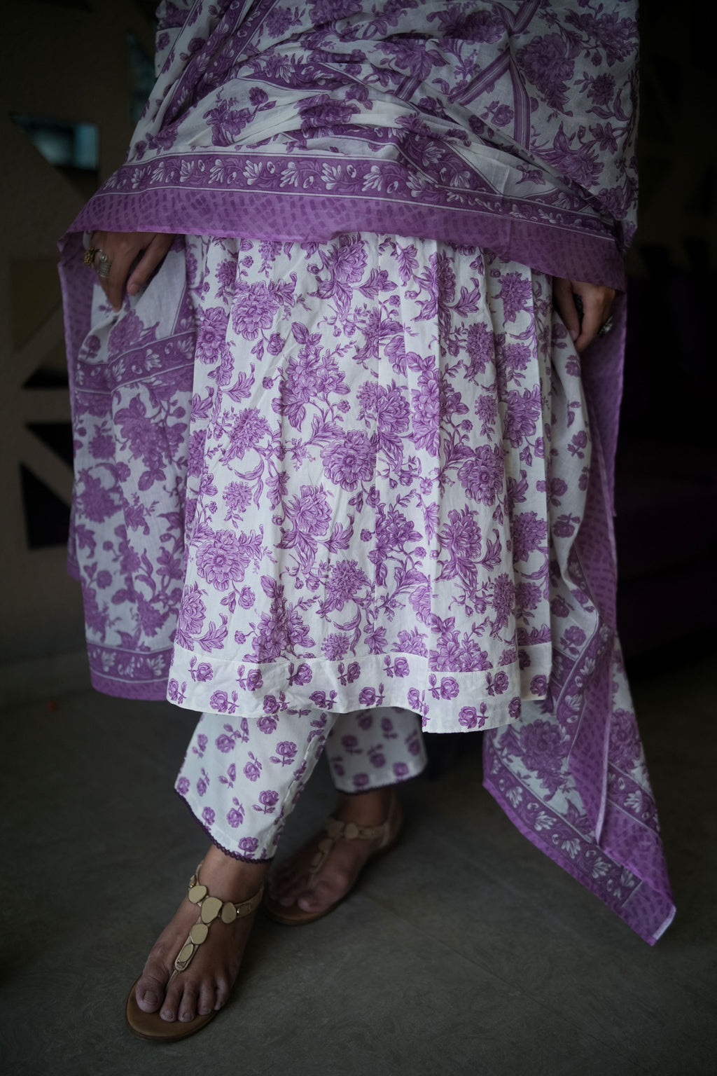 White & Purple Floral Embroidered Anarkali Kurta With Pant & Dupatta