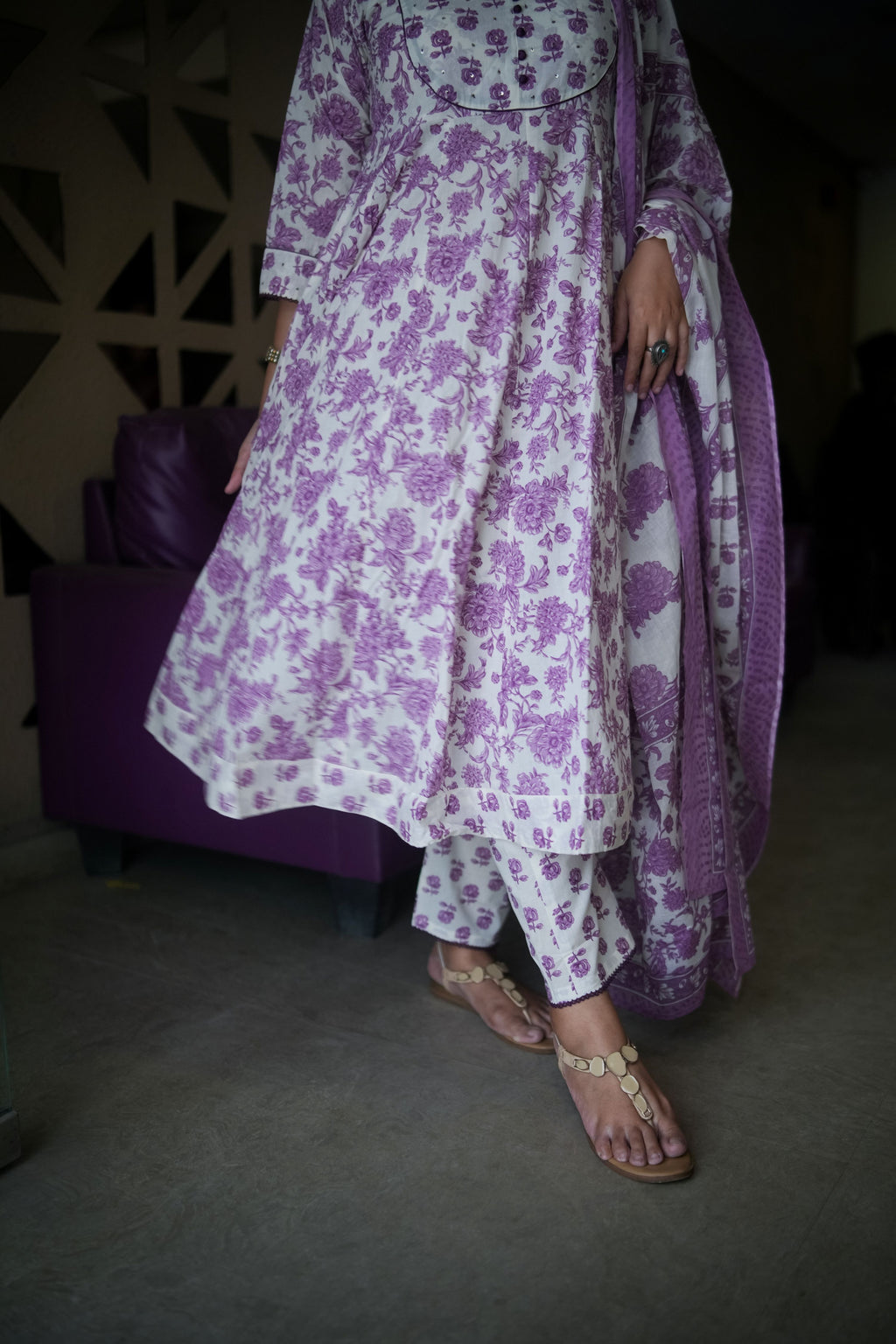 White & Purple Floral Embroidered Anarkali Kurta With Pant & Dupatta