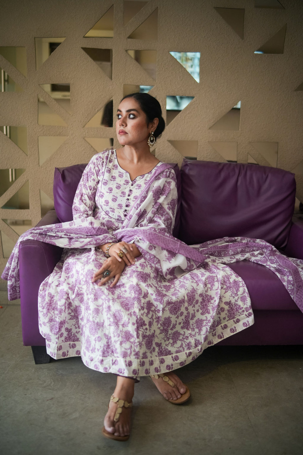 White & Purple Floral Embroidered Anarkali Kurta With Pant & Dupatta