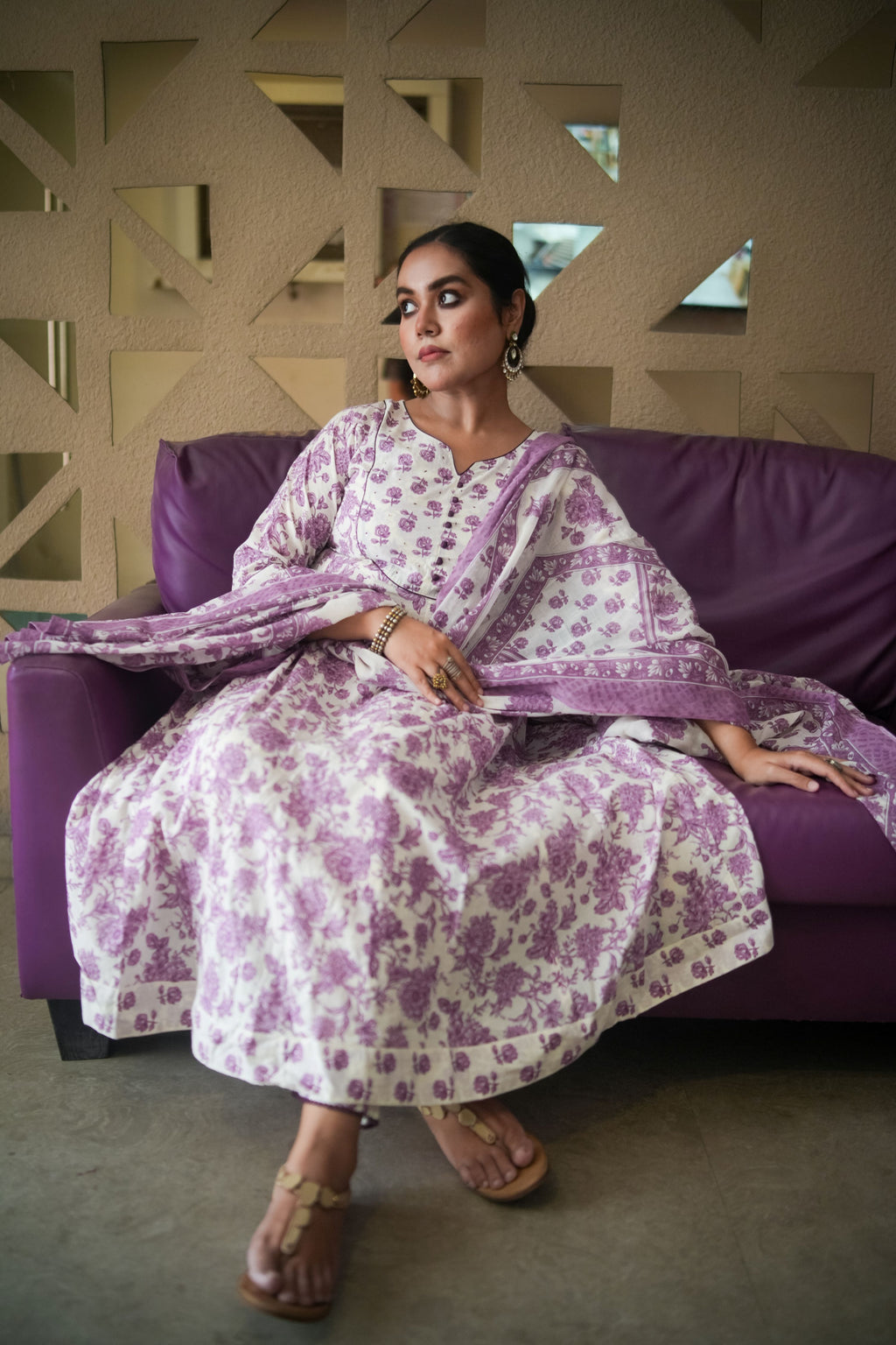 White & Purple Floral Embroidered Anarkali Kurta With Pant & Dupatta