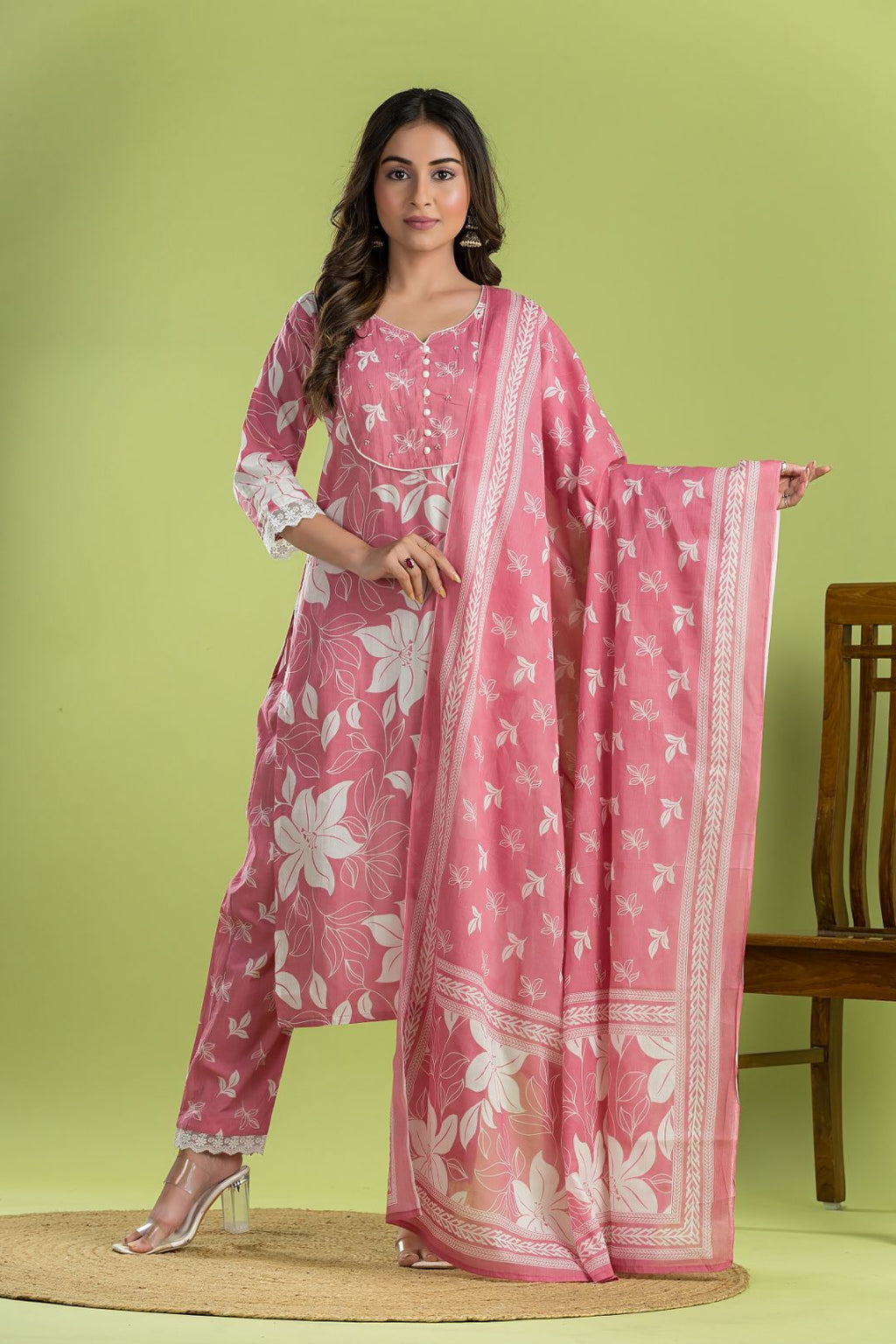 Pink Floral Embroidered Kurta With Pant With Dupatta