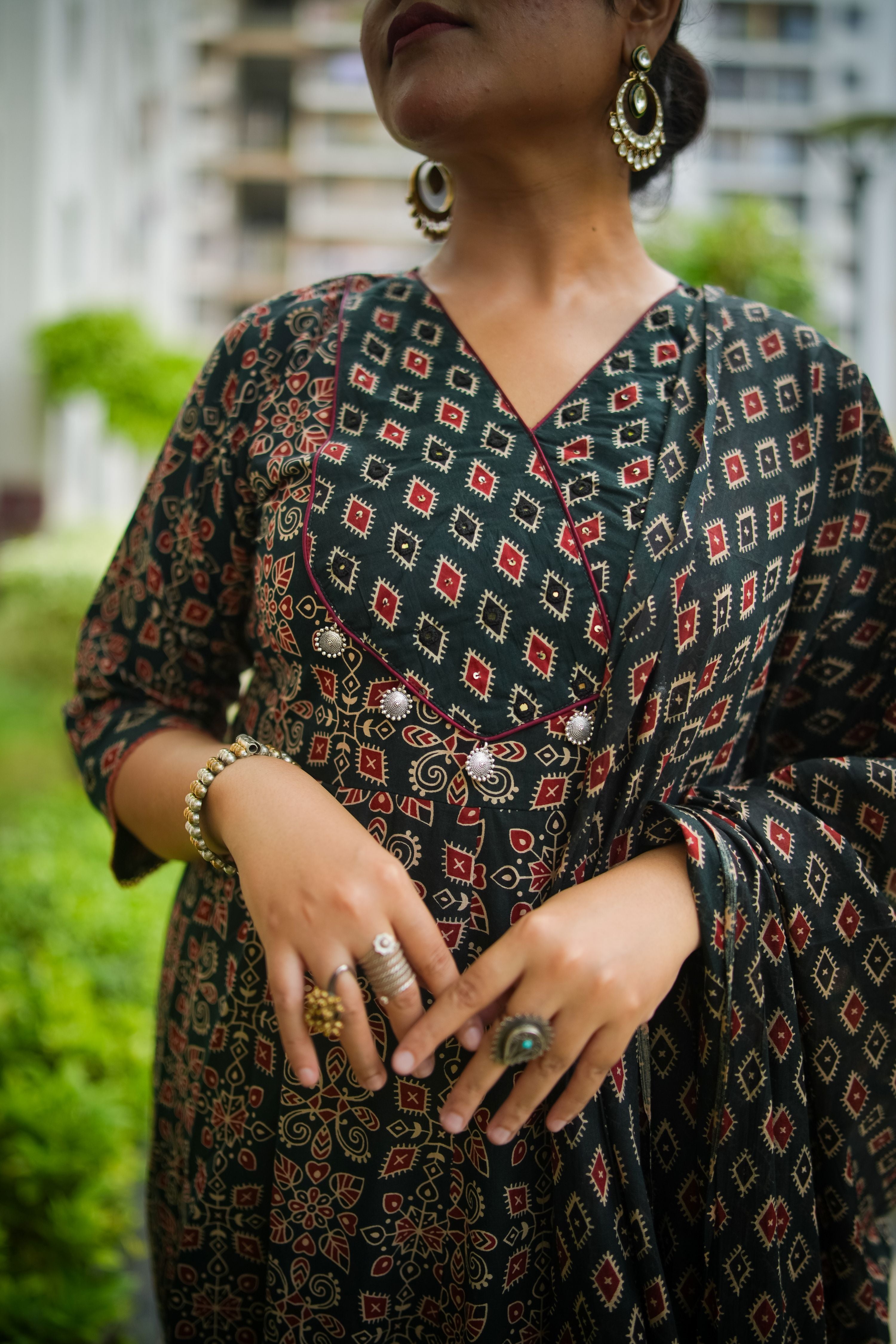 Black & Red Floral Embroidered Anarkali Kurta With Pant & Dupatta