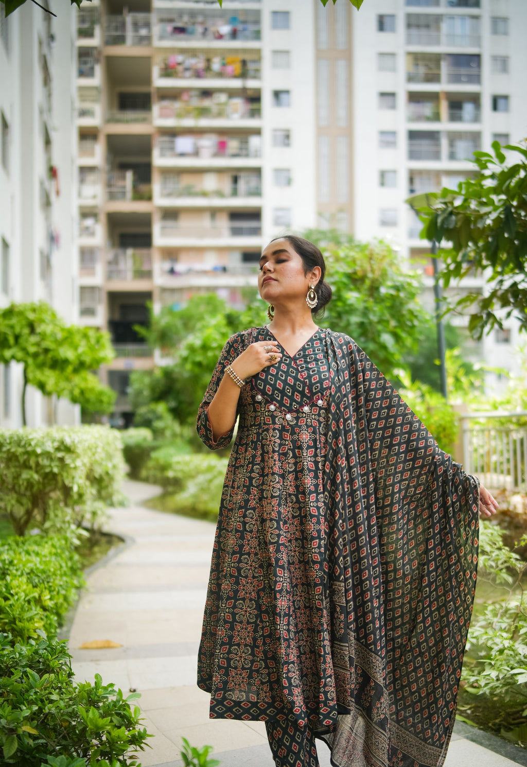 Black & Red Floral Embroidered Anarkali Kurta With Pant & Dupatta