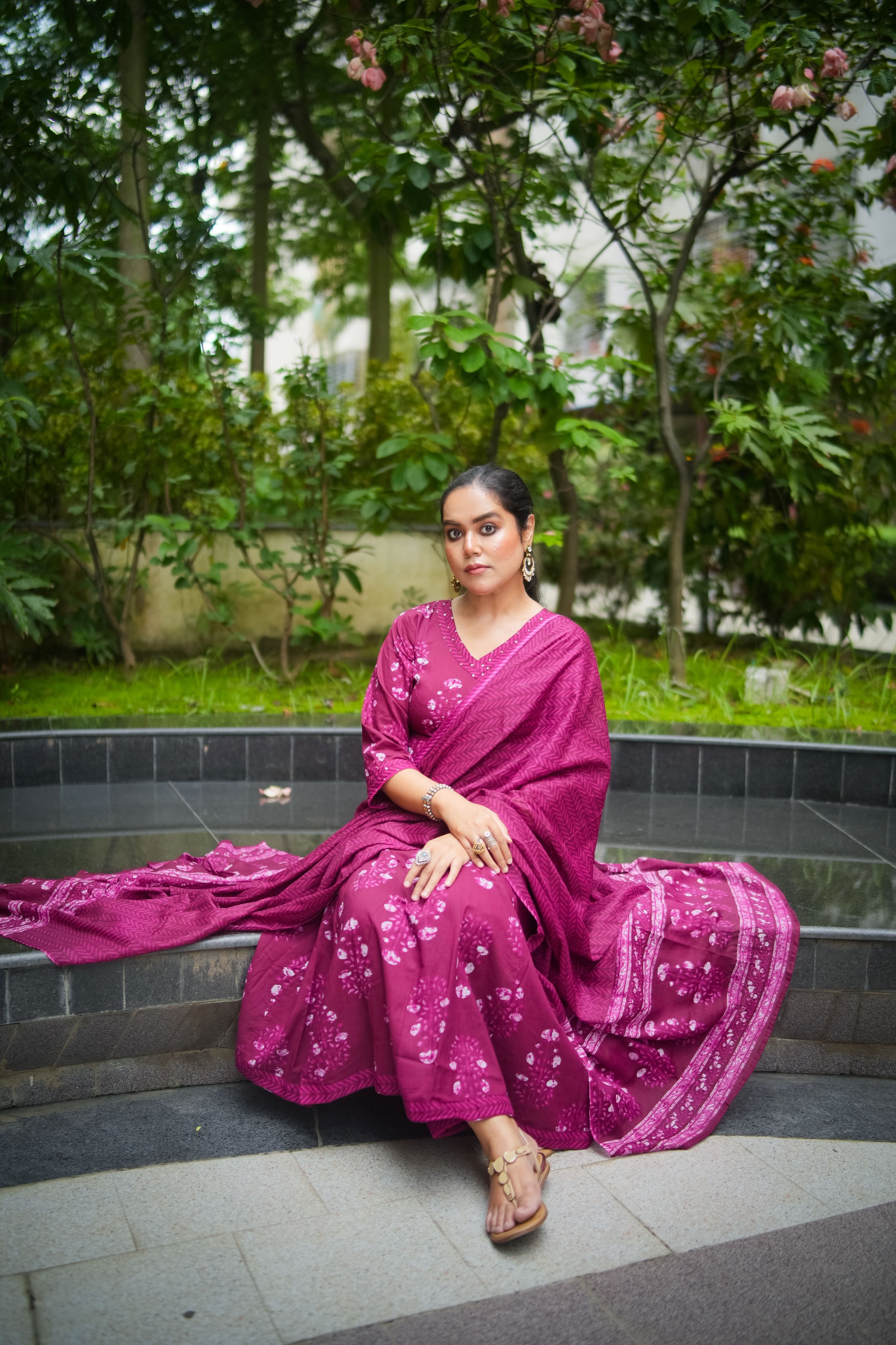 Red Purple Floral Embroidered Anarkali Kurta With Pant & Dupatta