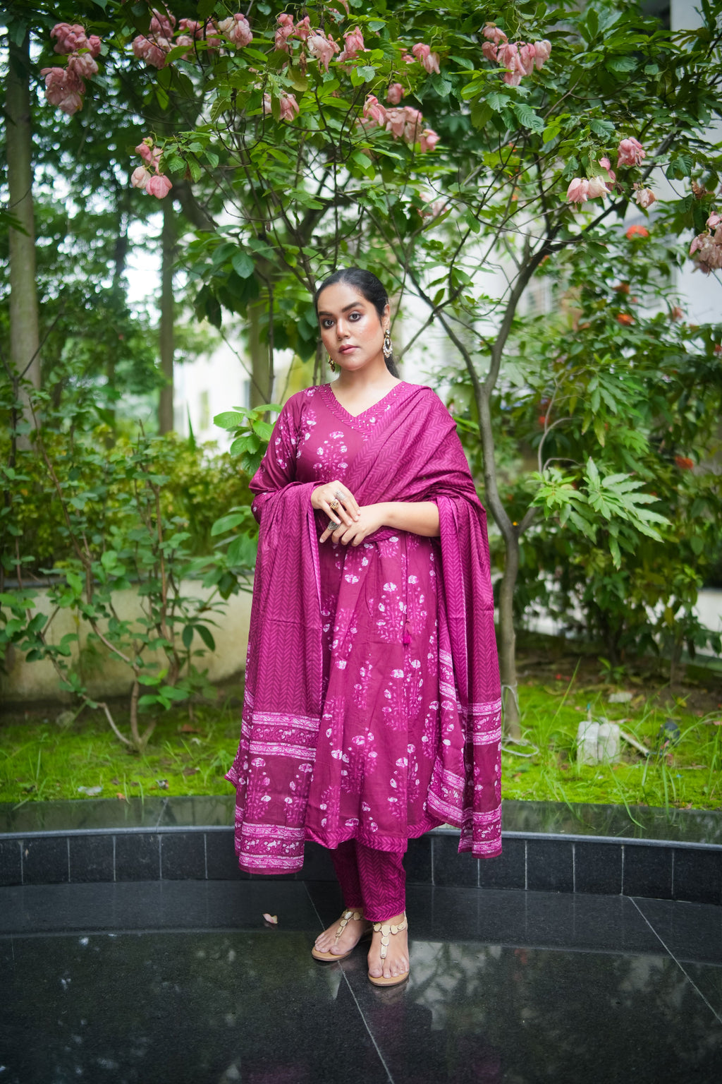 Red Purple Floral Embroidered Anarkali Kurta With Pant & Dupatta