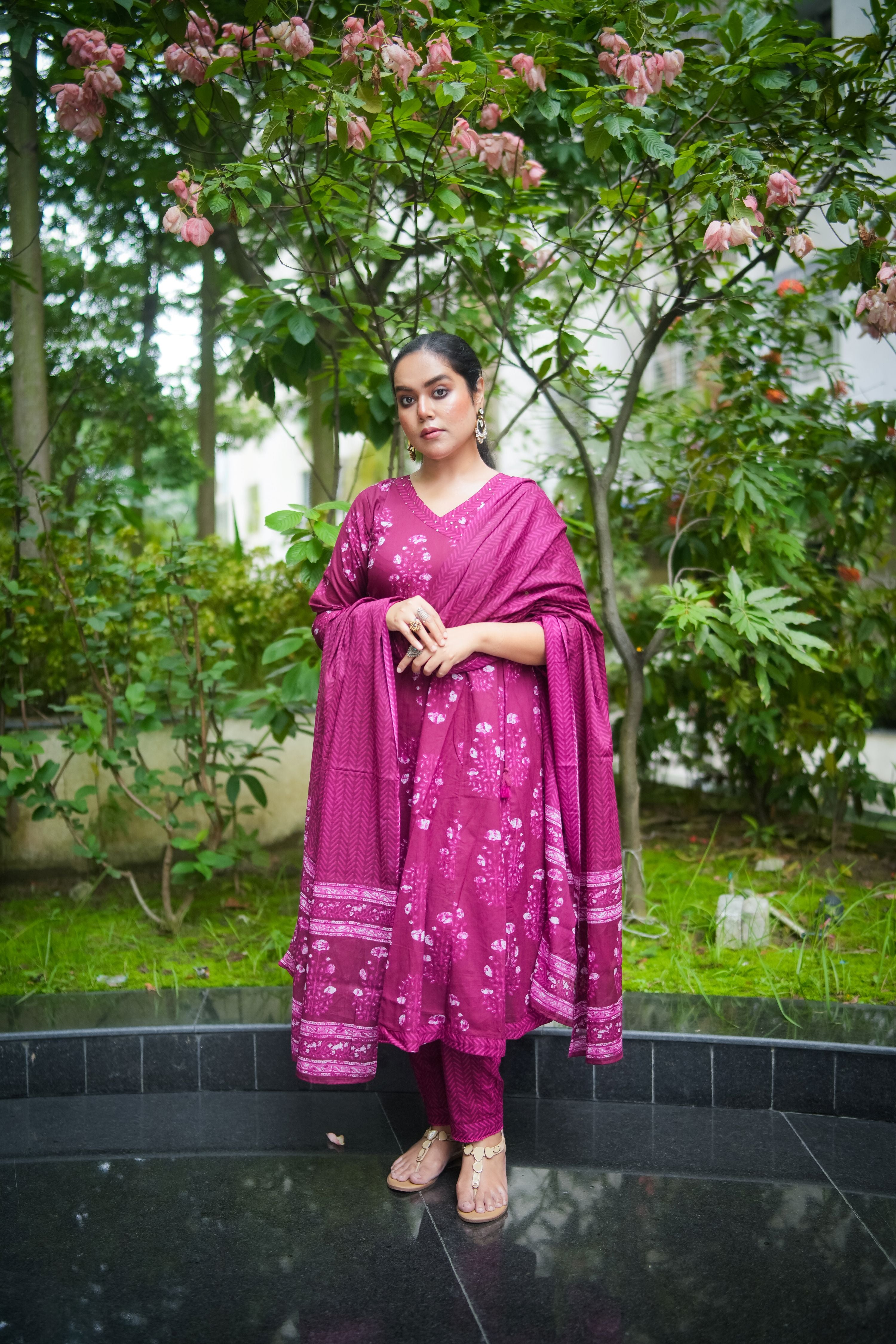 Red Purple Floral Embroidered Anarkali Kurta With Pant & Dupatta