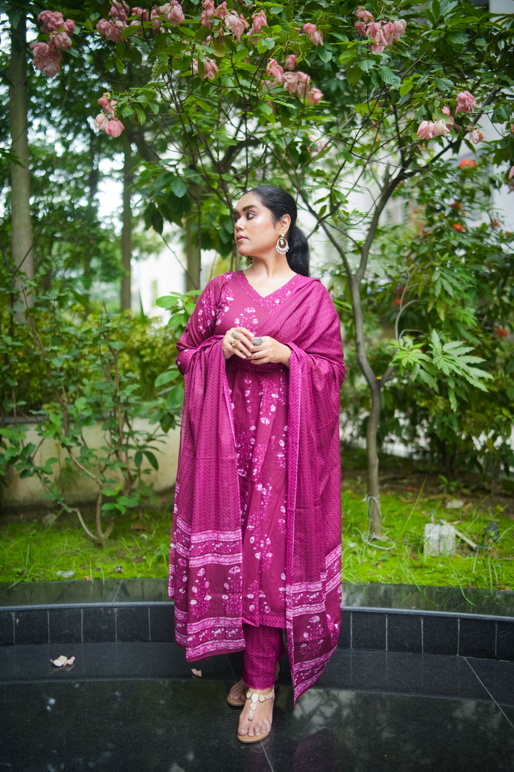 Red Purple Floral Embroidered Anarkali Kurta With Pant & Dupatta