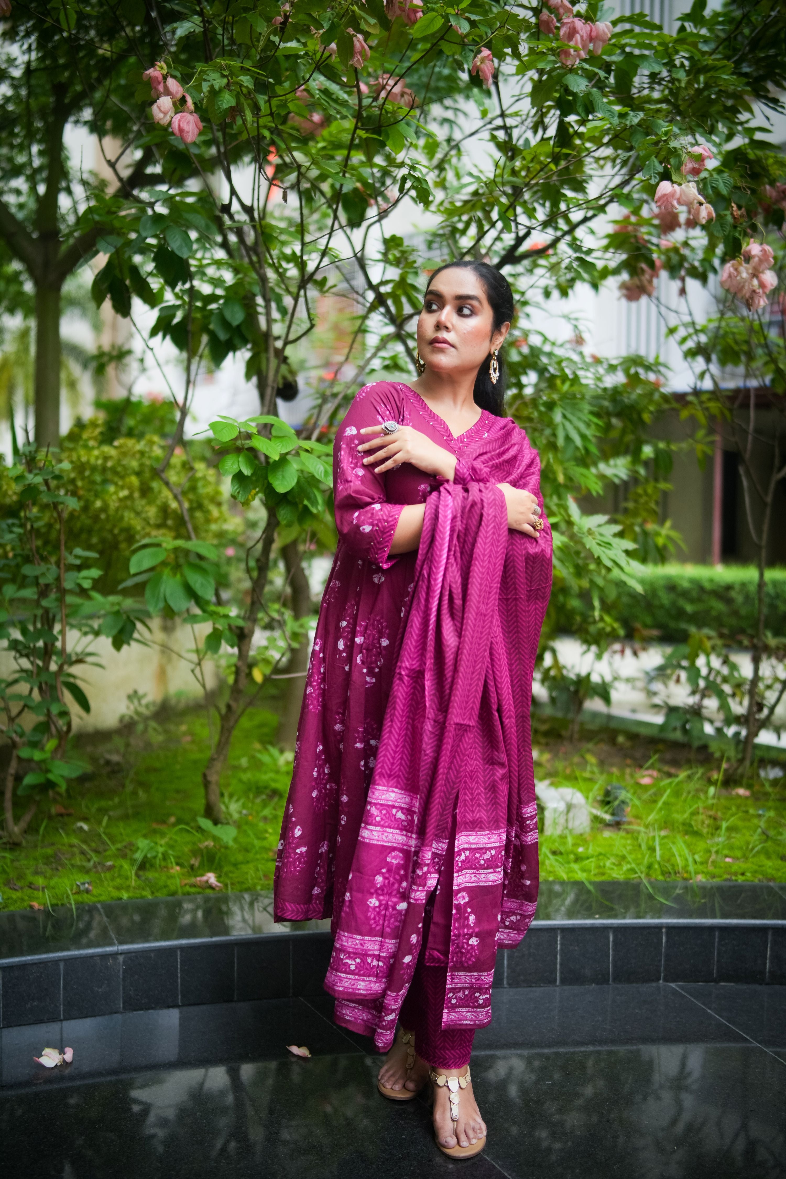 Red Purple Floral Embroidered Anarkali Kurta With Pant & Dupatta