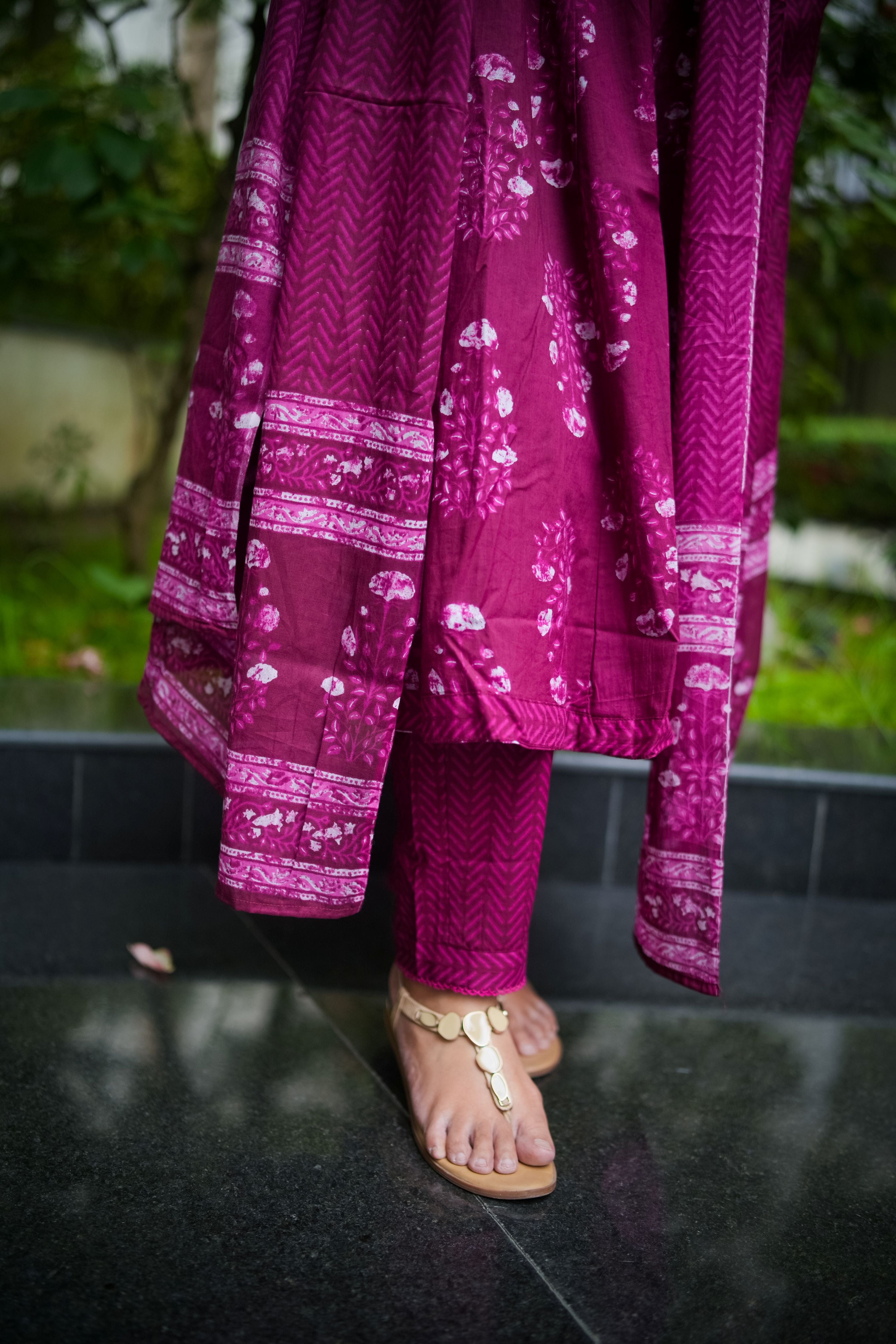 Red Purple Floral Embroidered Anarkali Kurta With Pant & Dupatta