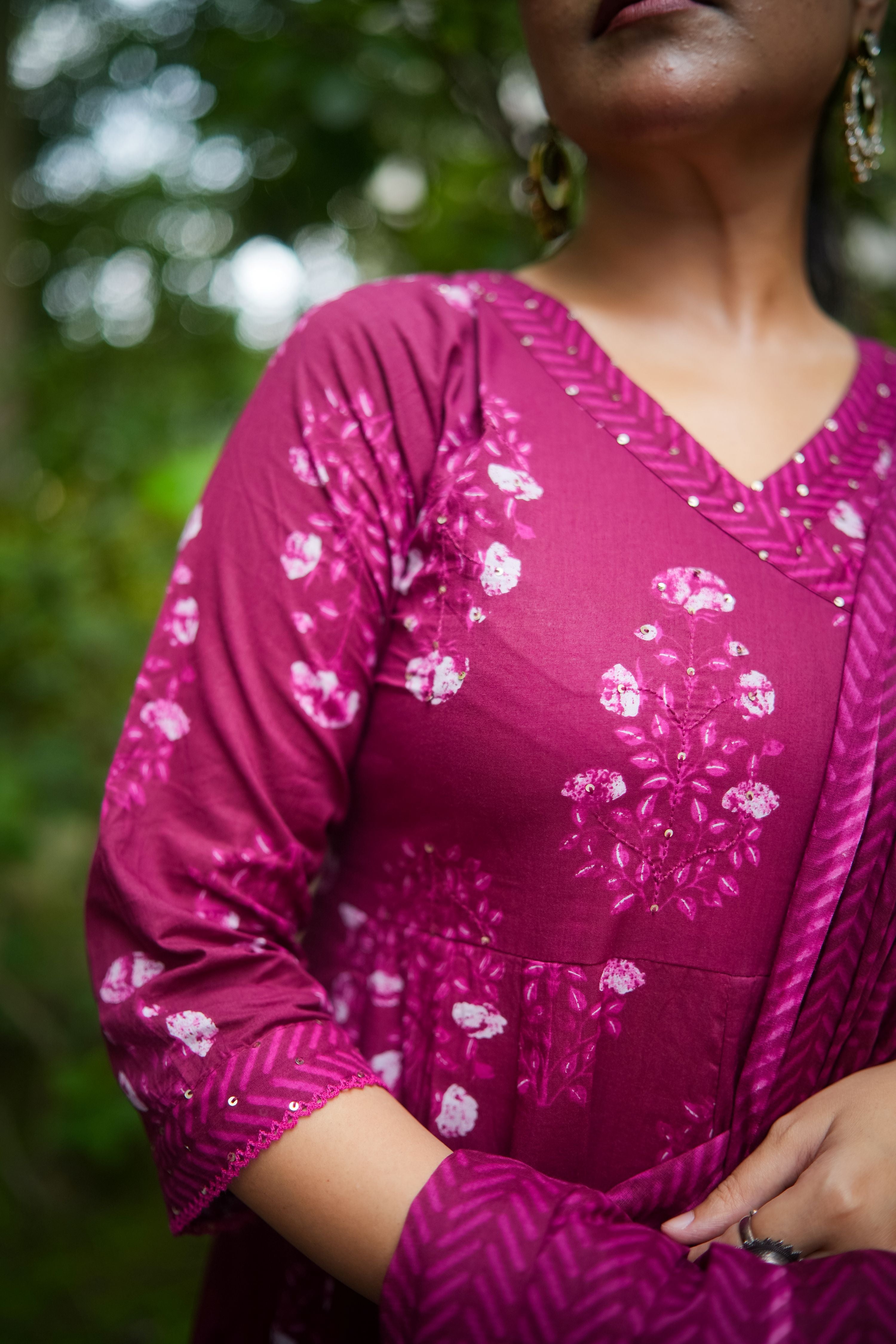 Red Purple Floral Embroidered Anarkali Kurta With Pant & Dupatta
