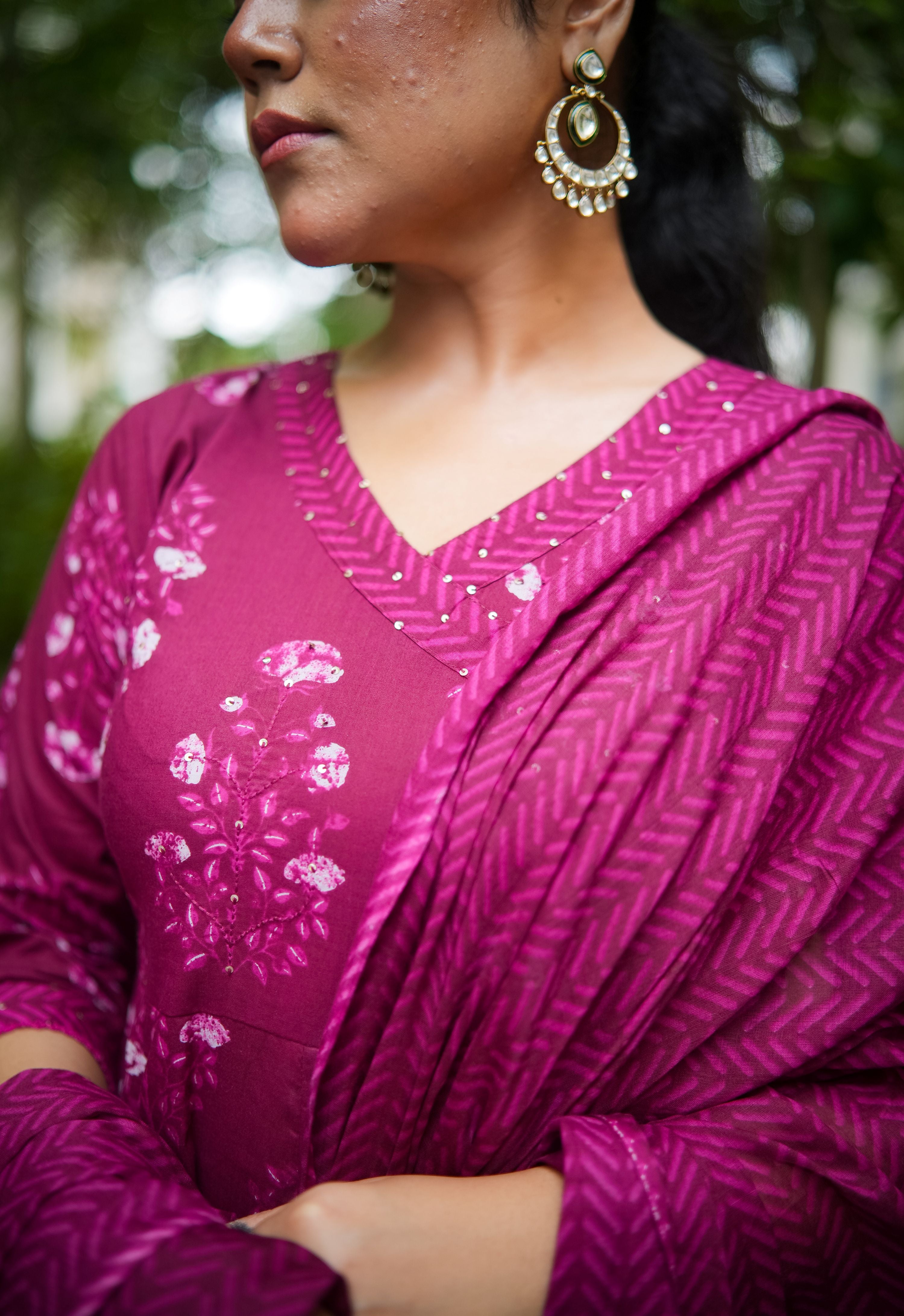 Red Purple Floral Embroidered Anarkali Kurta With Pant & Dupatta