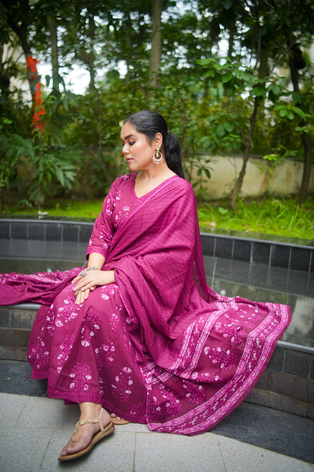 Red Purple Floral Embroidered Anarkali Kurta With Pant & Dupatta