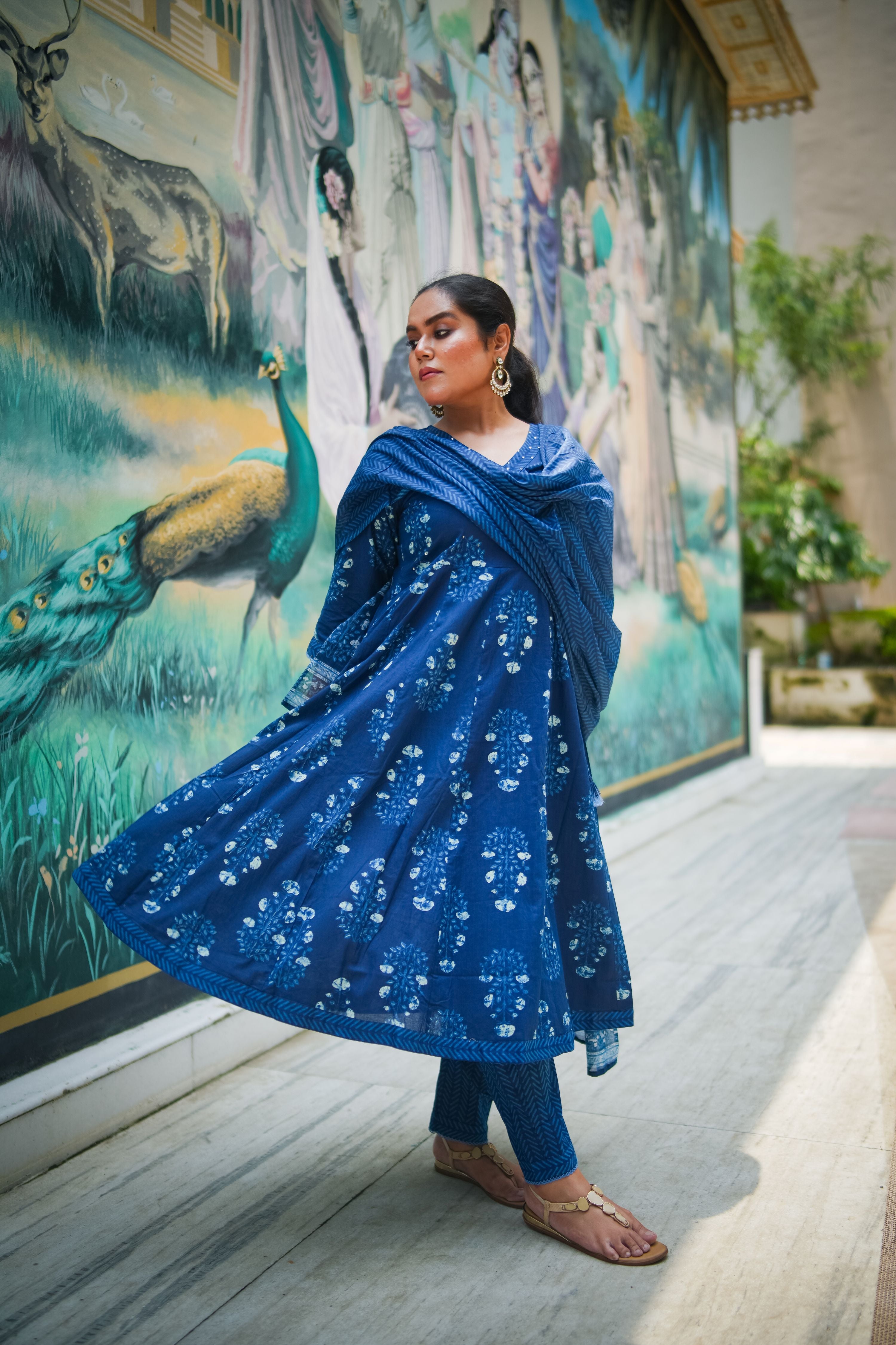 Navy Blue Floral Embroidered Anarkali Kurta With Pant & Dupatta