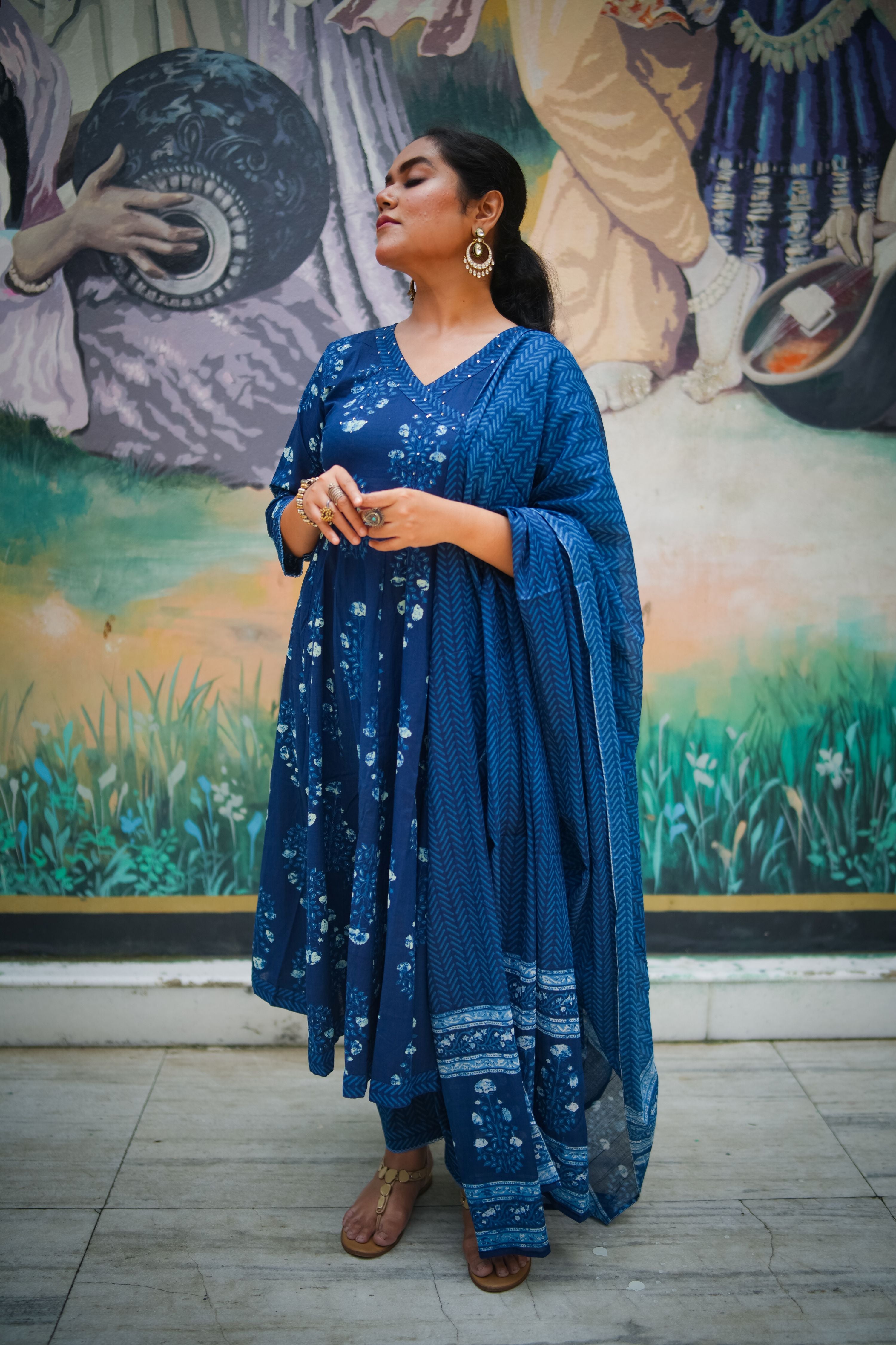 Navy Blue Floral Embroidered Anarkali Kurta With Pant & Dupatta
