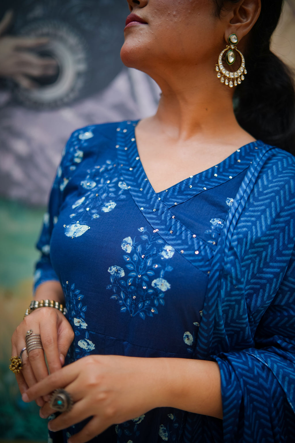 Navy Blue Floral Embroidered Anarkali Kurta With Pant & Dupatta