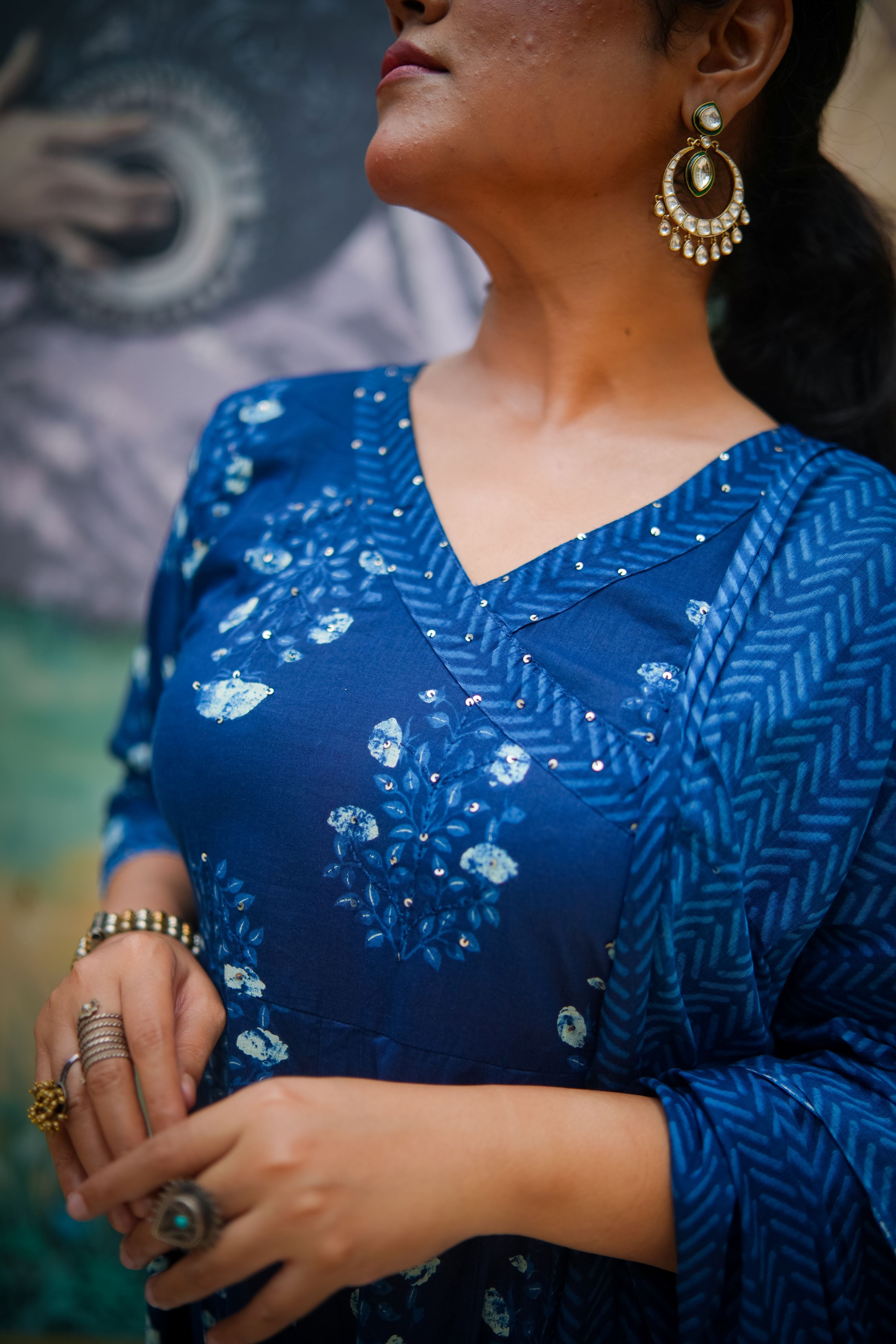 Navy Blue Floral Embroidered Anarkali Kurta With Pant & Dupatta