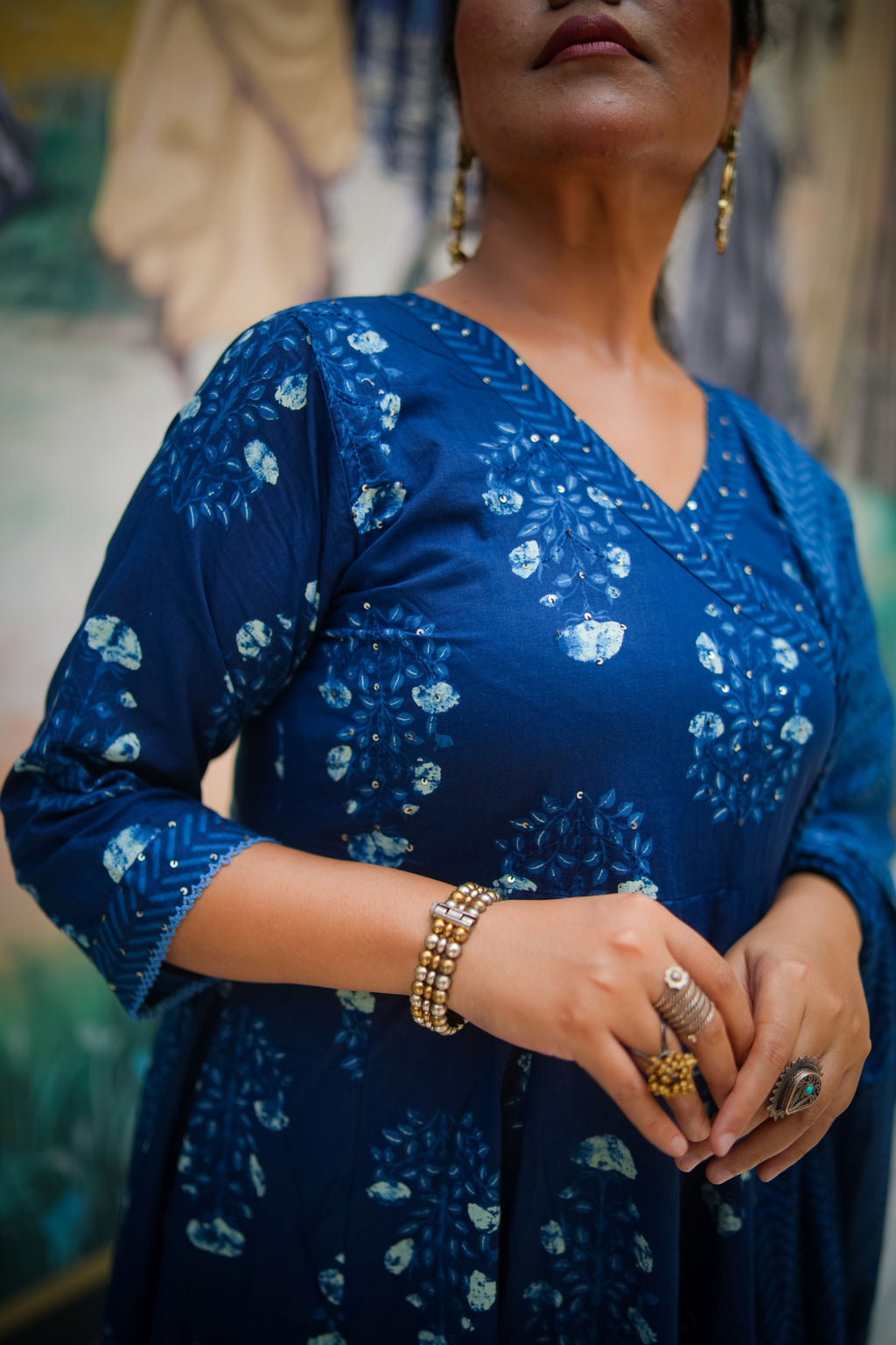 Navy Blue Floral Embroidered Anarkali Kurta With Pant & Dupatta