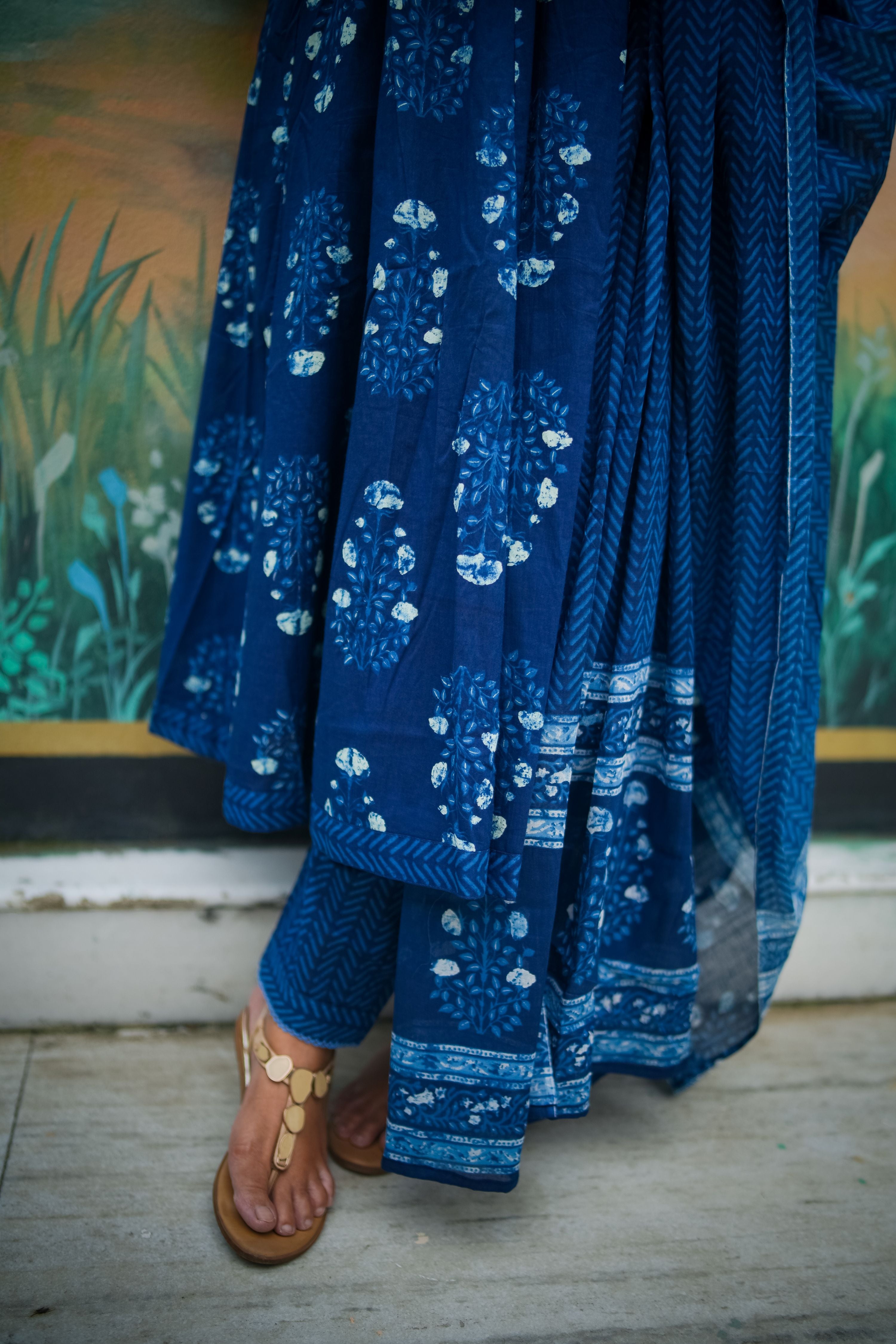 Navy Blue Floral Embroidered Anarkali Kurta With Pant & Dupatta