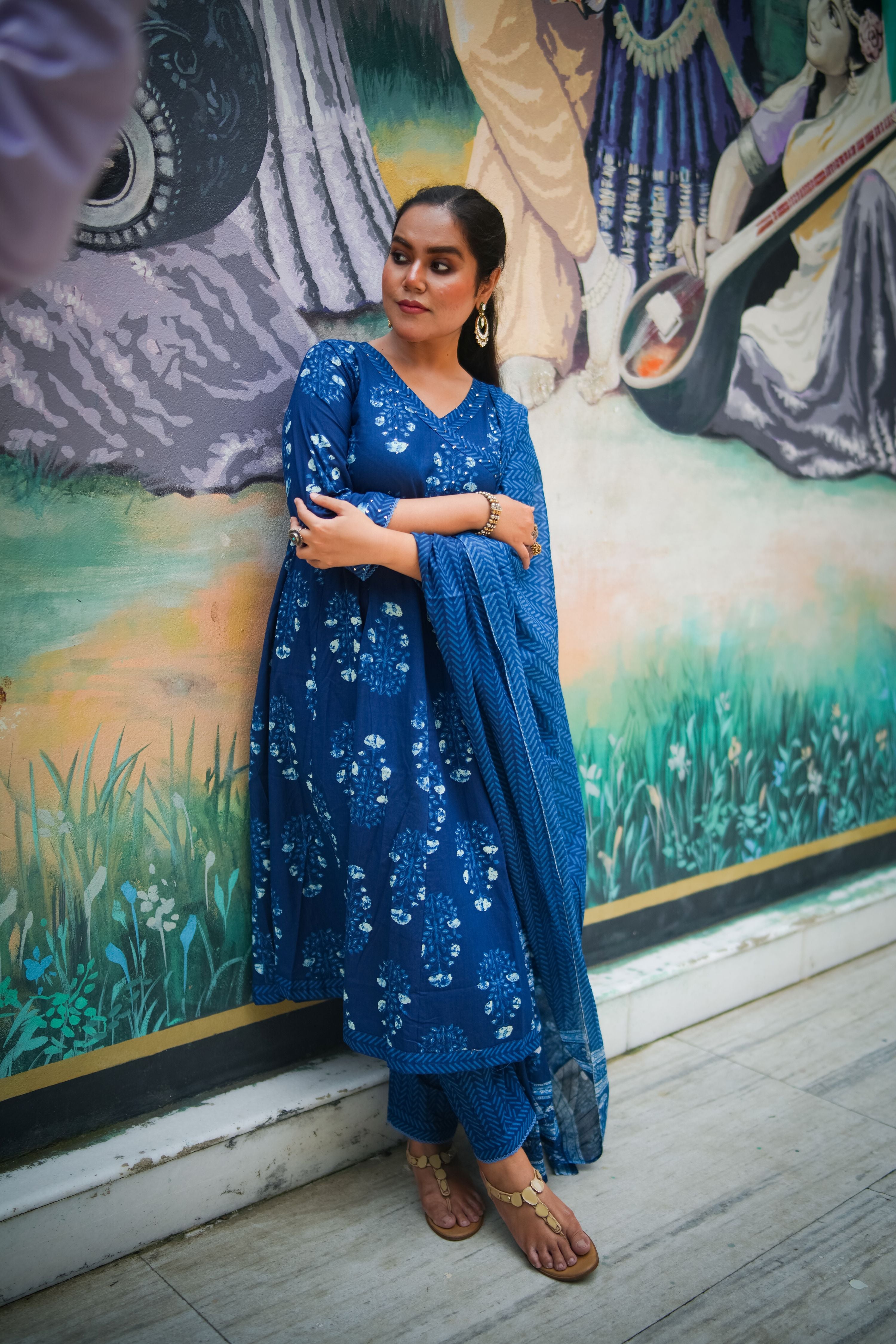 Navy Blue Floral Embroidered Anarkali Kurta With Pant & Dupatta