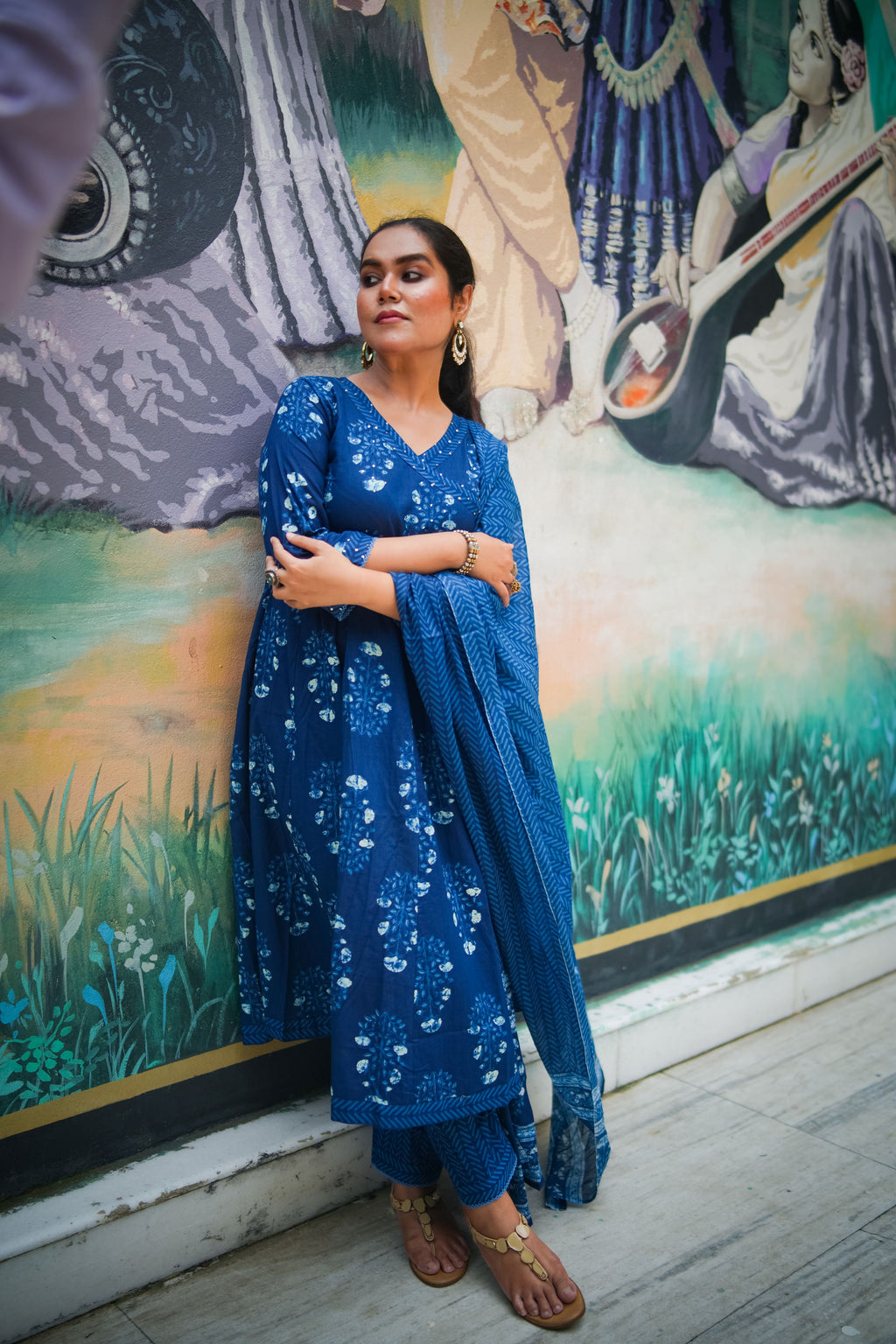 Navy Blue Floral Embroidered Anarkali Kurta With Pant & Dupatta