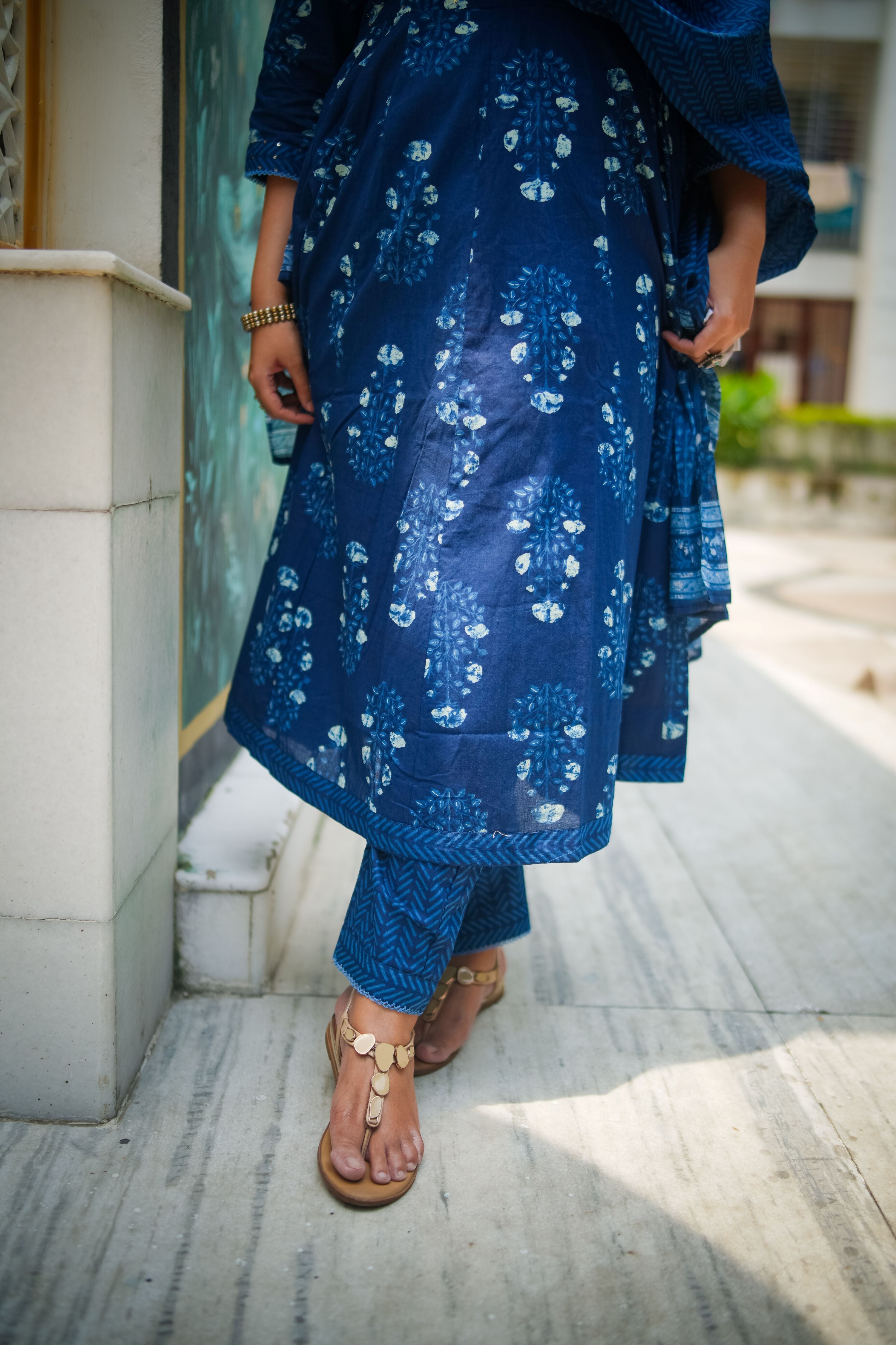 Navy Blue Floral Embroidered Anarkali Kurta With Pant & Dupatta