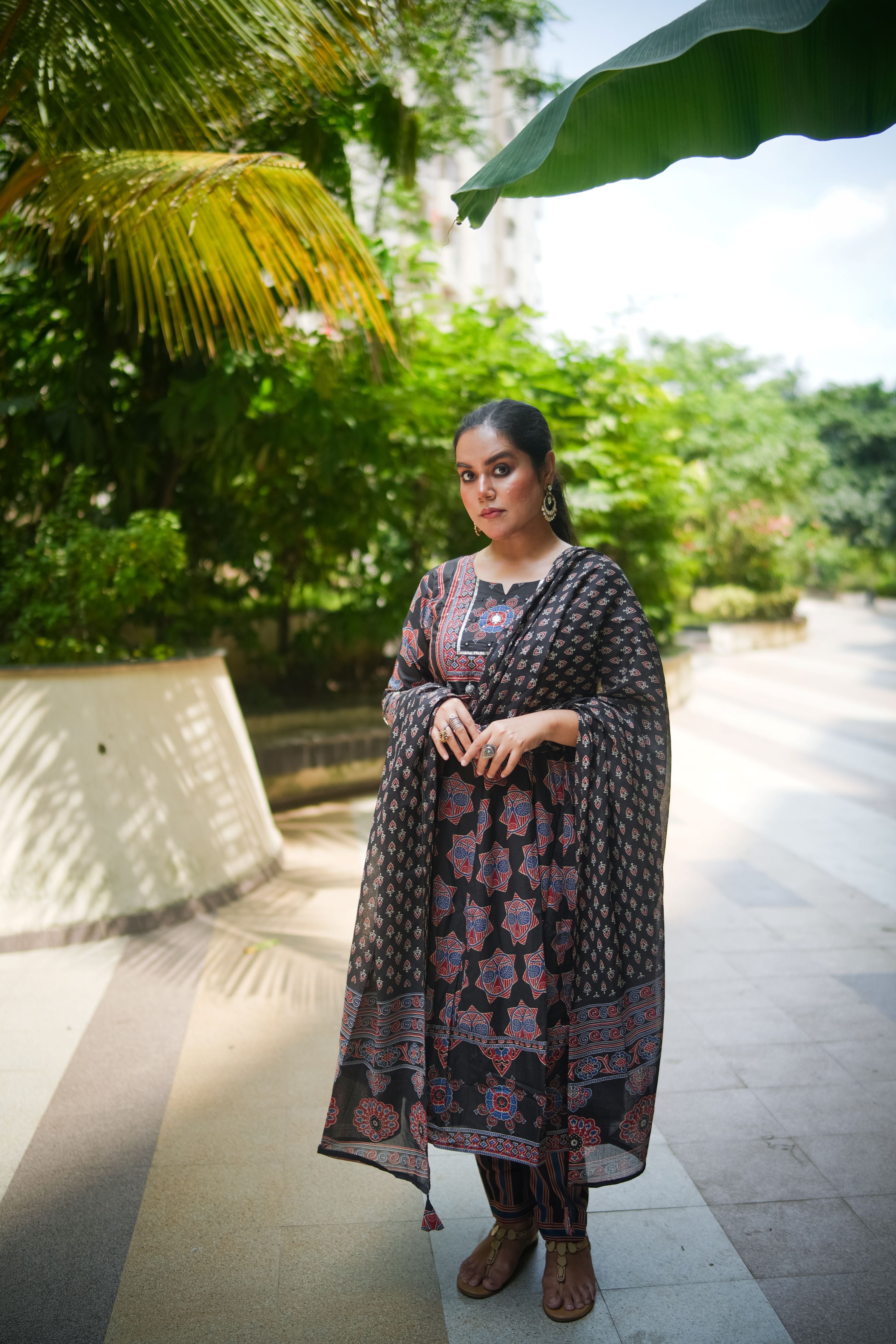 Black & Maroon Embroidered Anarkali Kurta With Pant & Dupatta