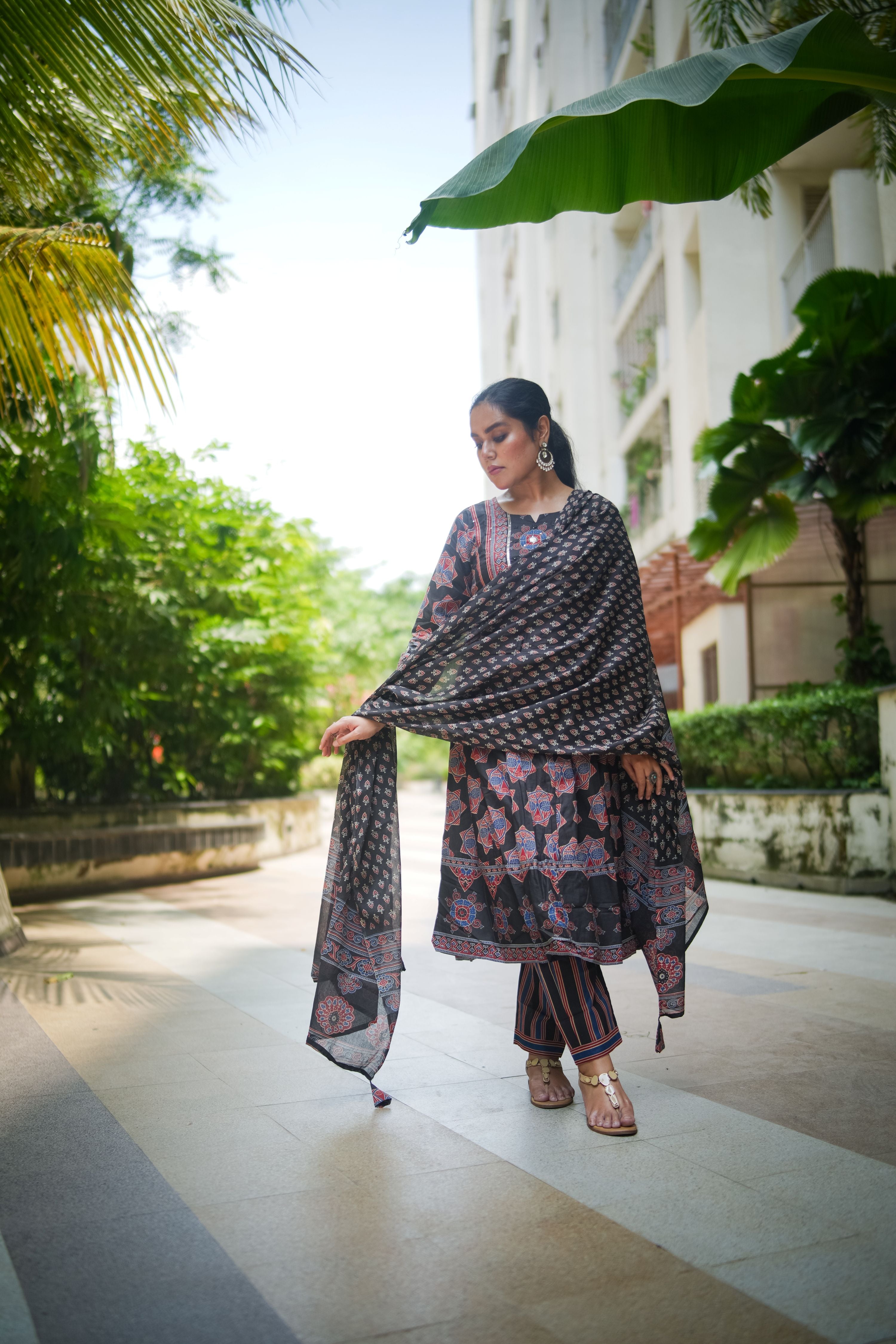 Black & Maroon Embroidered Anarkali Kurta With Pant & Dupatta