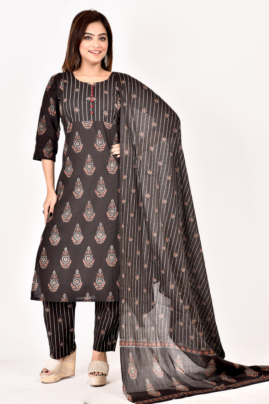 Black & Red Floral Print Kurta With Pant & Dupatta