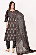 Black & Red Floral Print Kurta With Pant & Dupatta