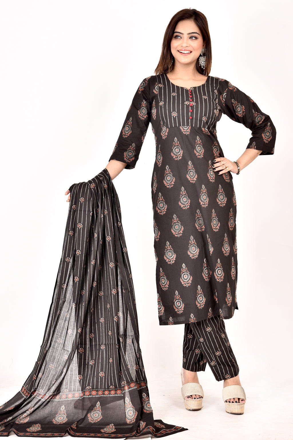 Black & Red Floral Print Kurta With Pant & Dupatta