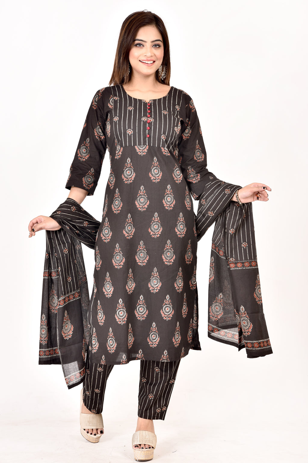 Black & Red Floral Print Kurta With Pant & Dupatta