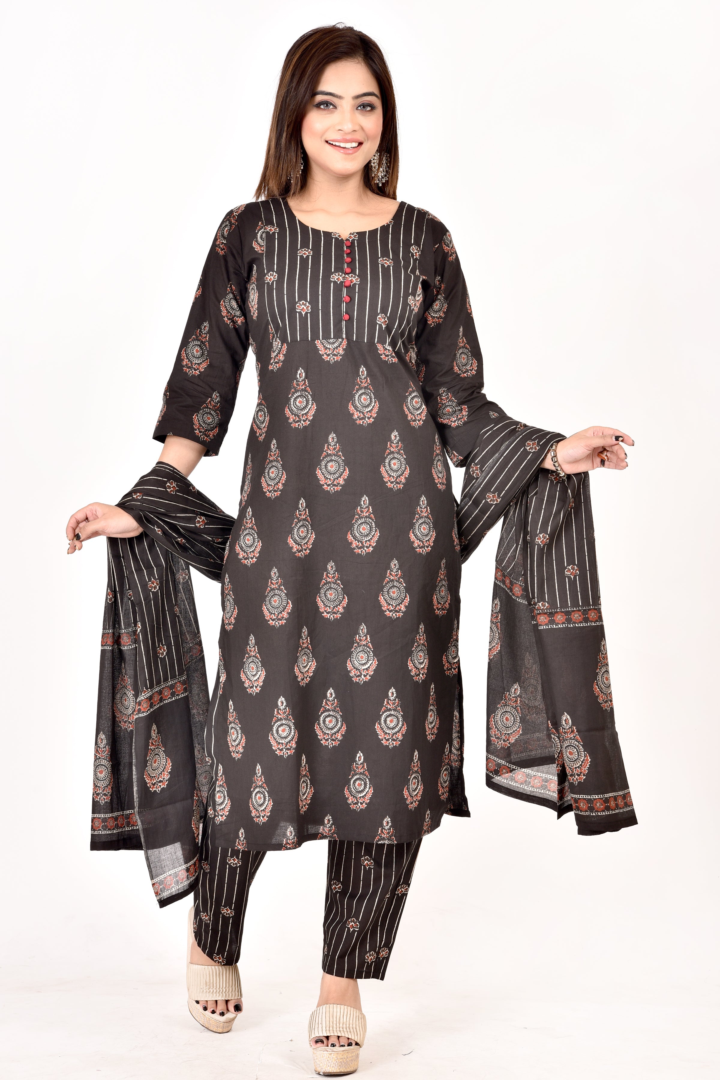 Black & Red Floral Print Kurta With Pant & Dupatta