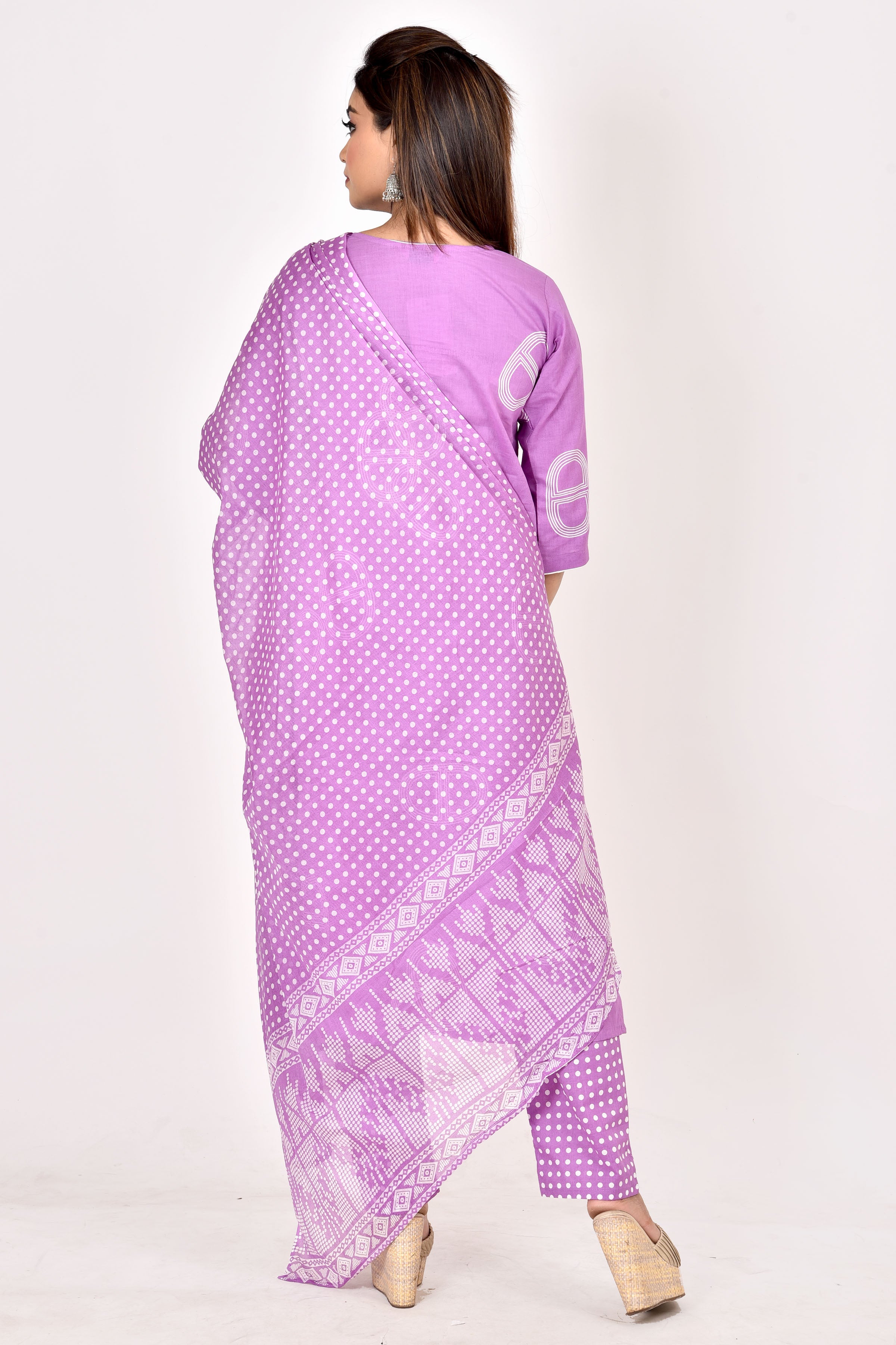 Lavender Geometric Print Kurta With Pant & Dupatta