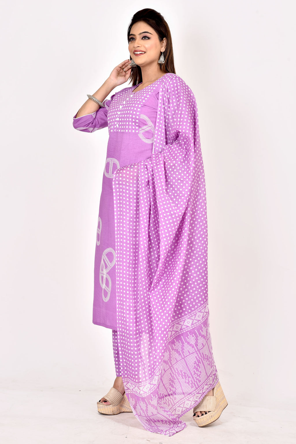 Lavender Geometric Print Kurta With Pant & Dupatta