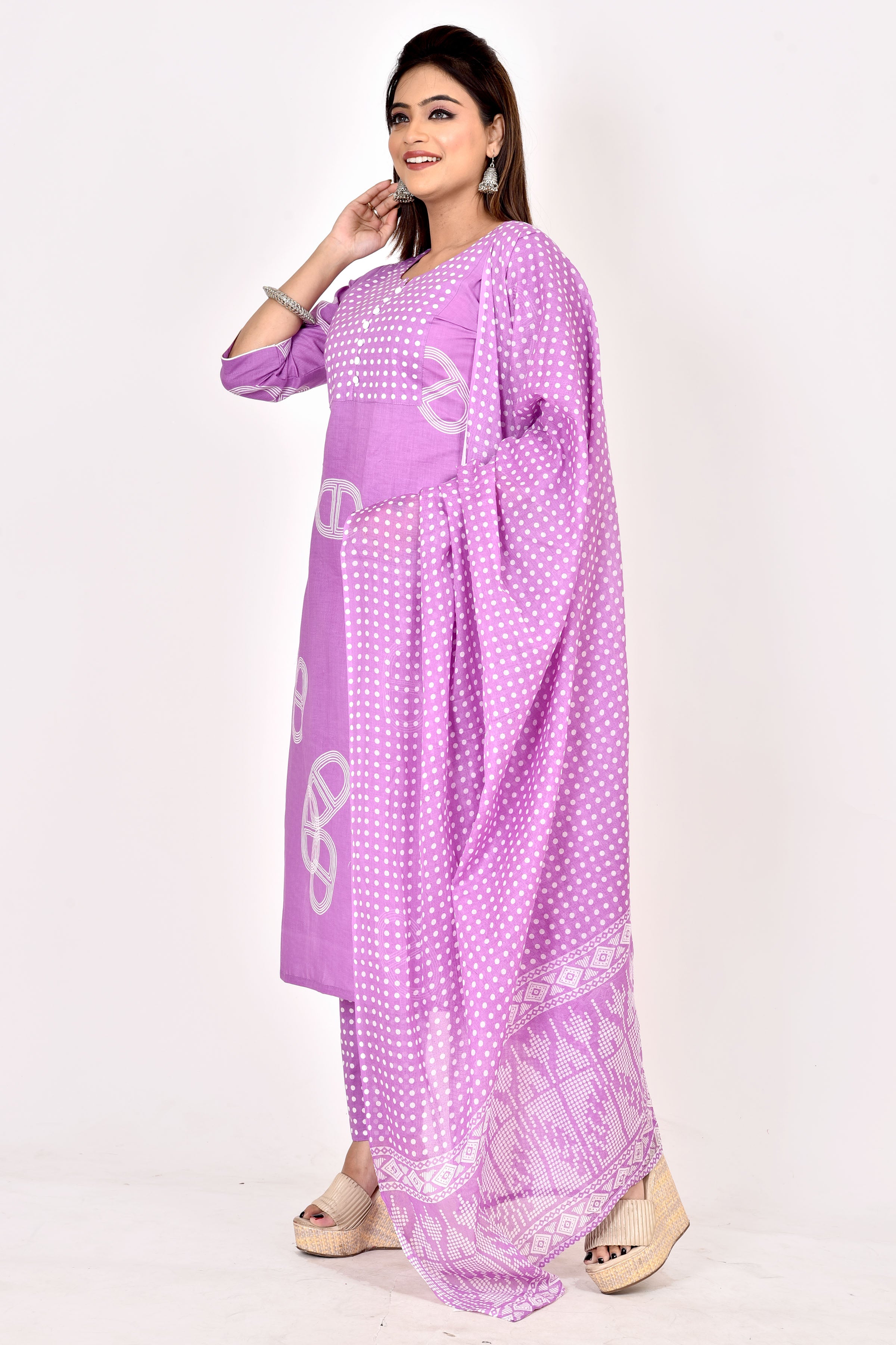 Lavender Geometric Print Kurta With Pant & Dupatta