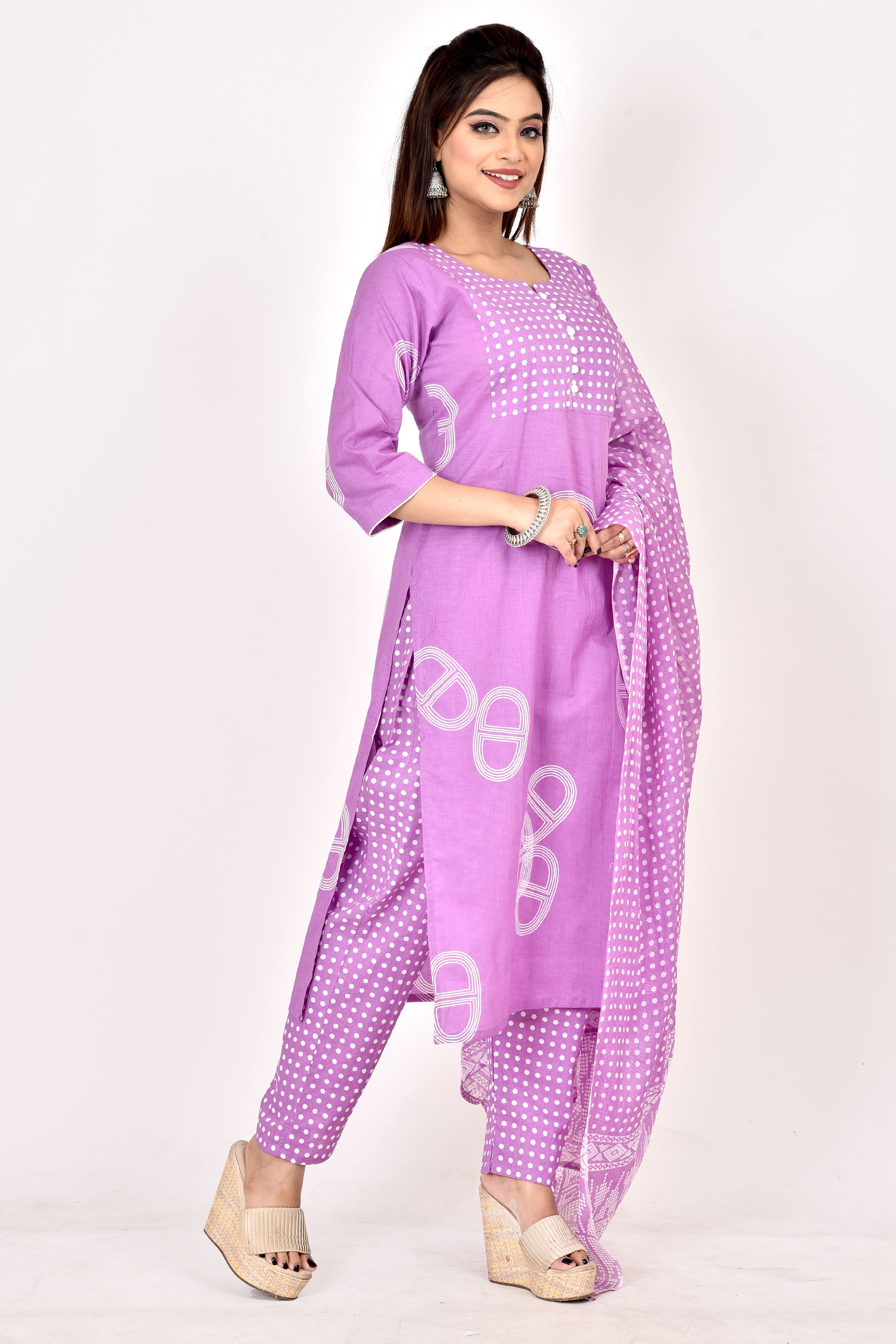 Lavender Geometric Print Kurta With Pant & Dupatta