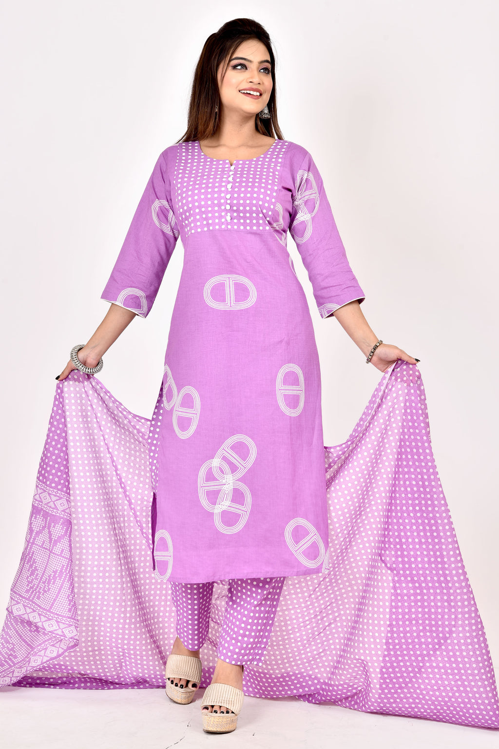 Lavender Geometric Print Kurta With Pant & Dupatta
