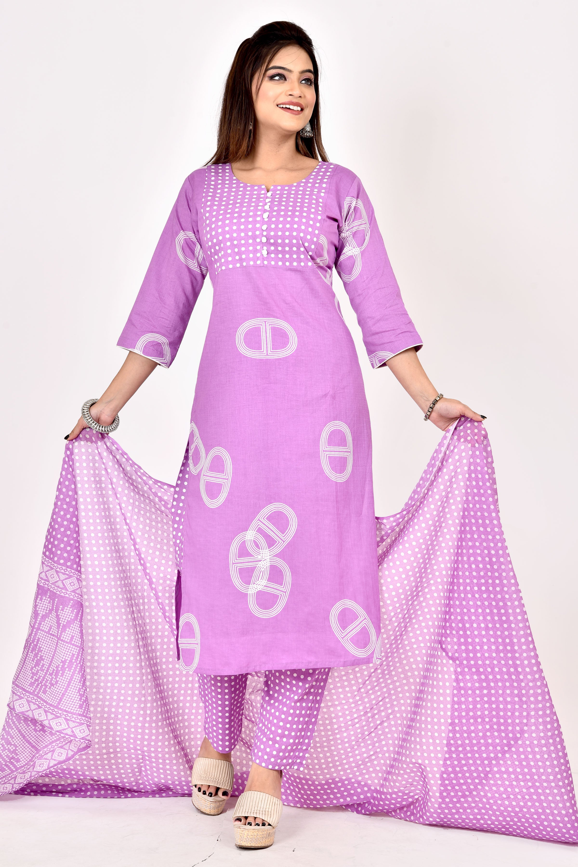 Lavender Geometric Print Kurta With Pant & Dupatta