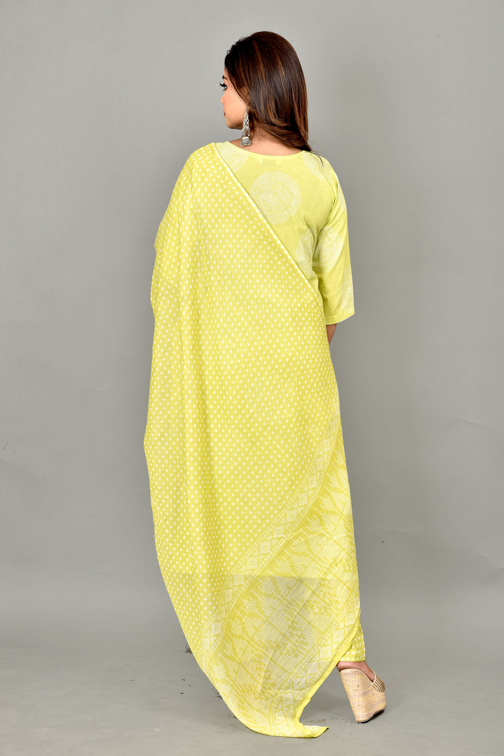 Lime Green Geometric Print Kurta With Pant & Dupatta