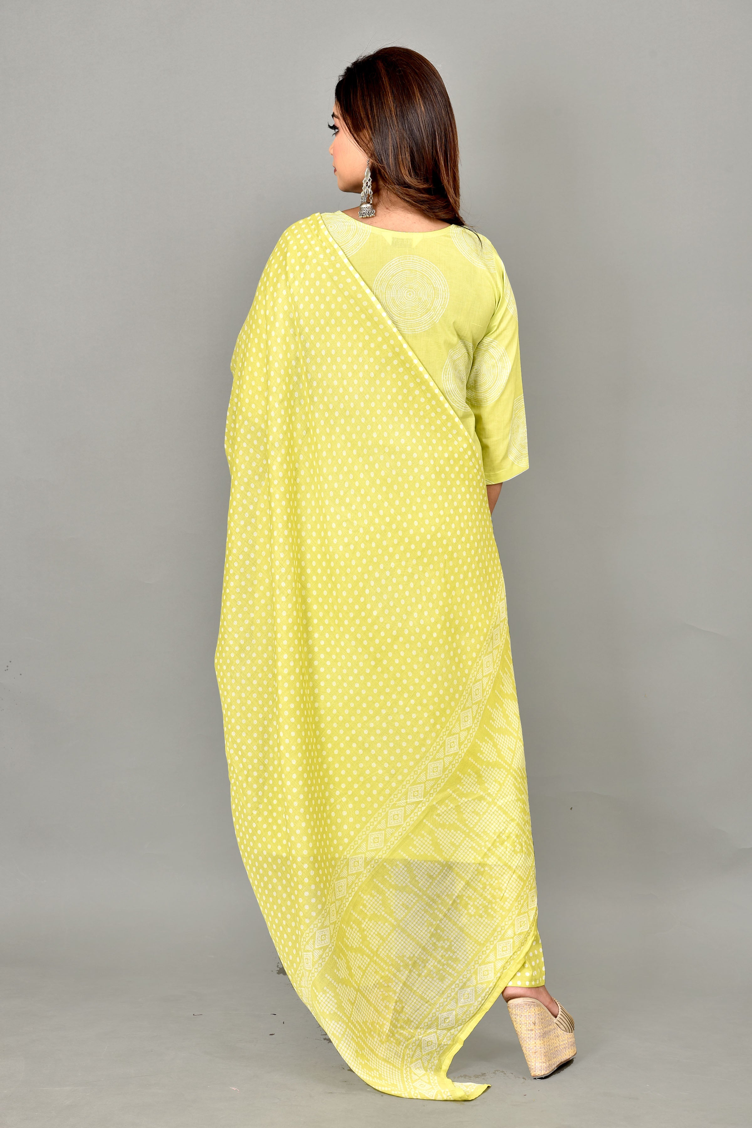 Lime Green Geometric Print Kurta With Pant & Dupatta