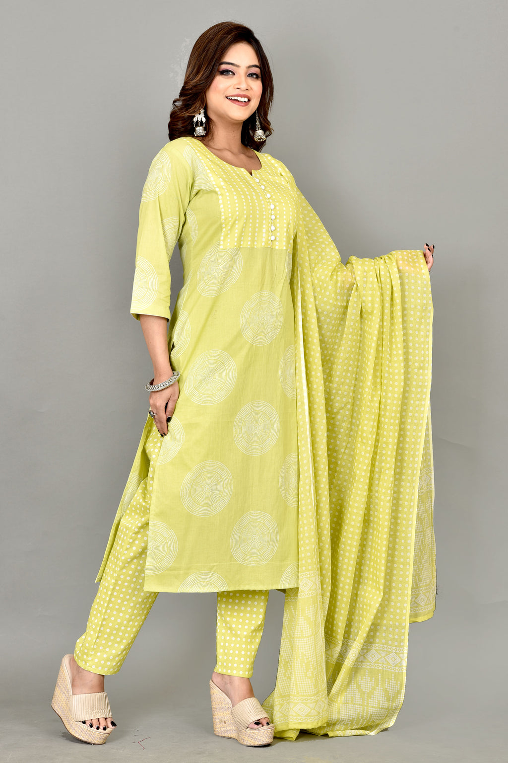 Lime Green Geometric Print Kurta With Pant & Dupatta