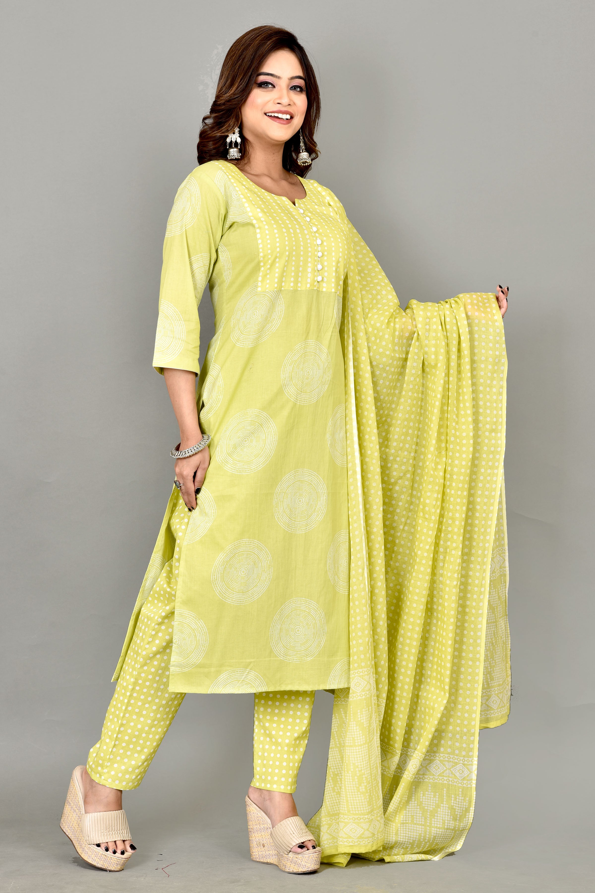 Lime Green Geometric Print Kurta With Pant & Dupatta