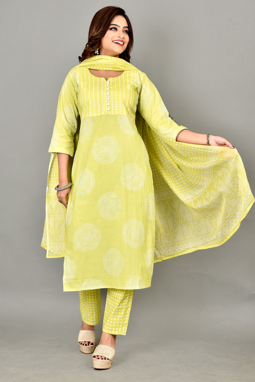 Lime Green Geometric Print Kurta With Pant & Dupatta