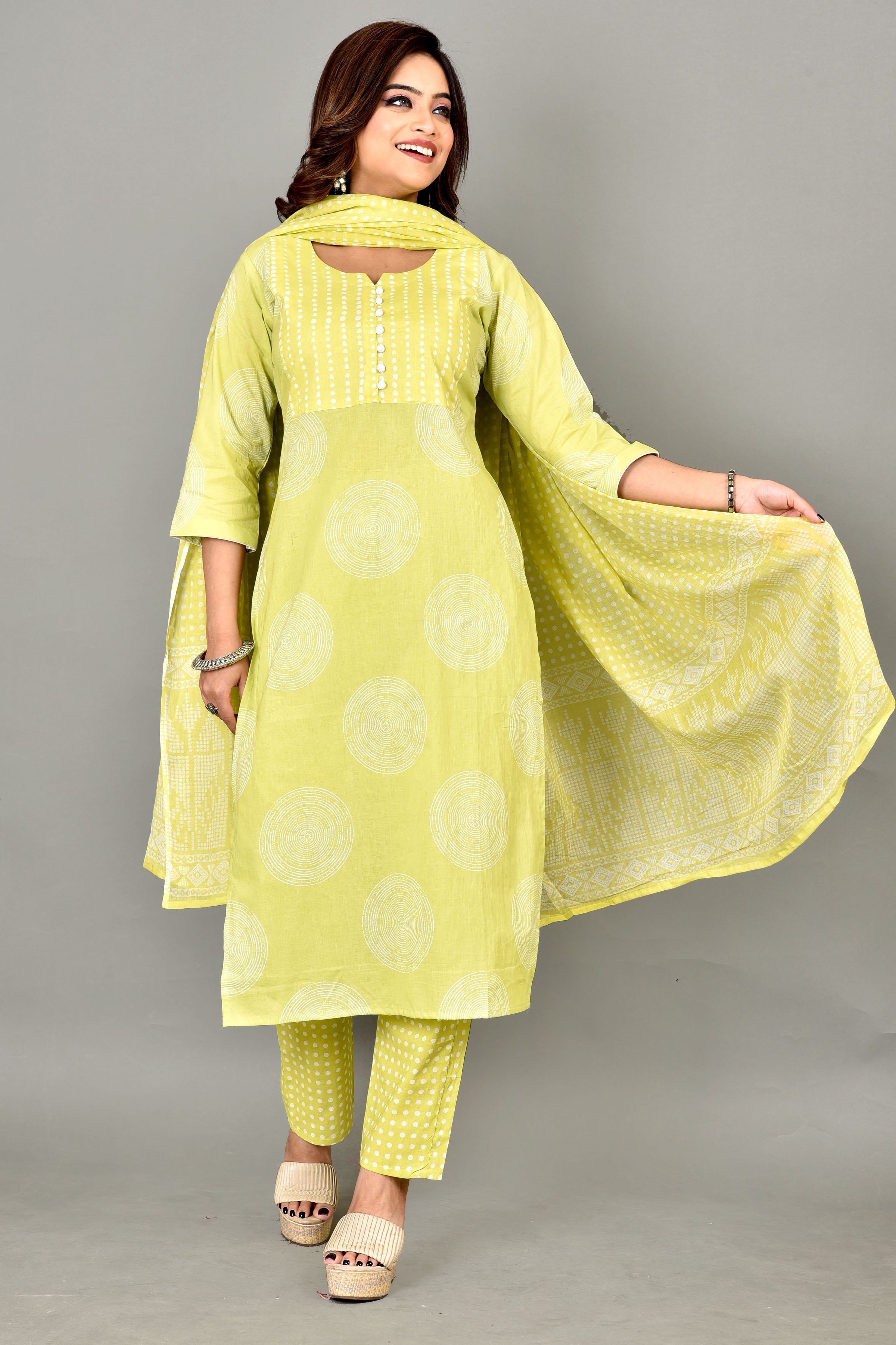 Lime Green Geometric Print Kurta With Pant & Dupatta