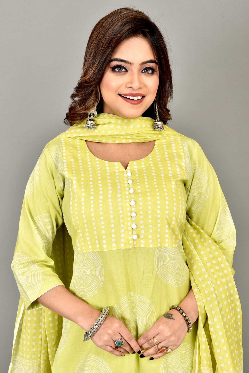 Lime Green Geometric Print Kurta With Pant & Dupatta